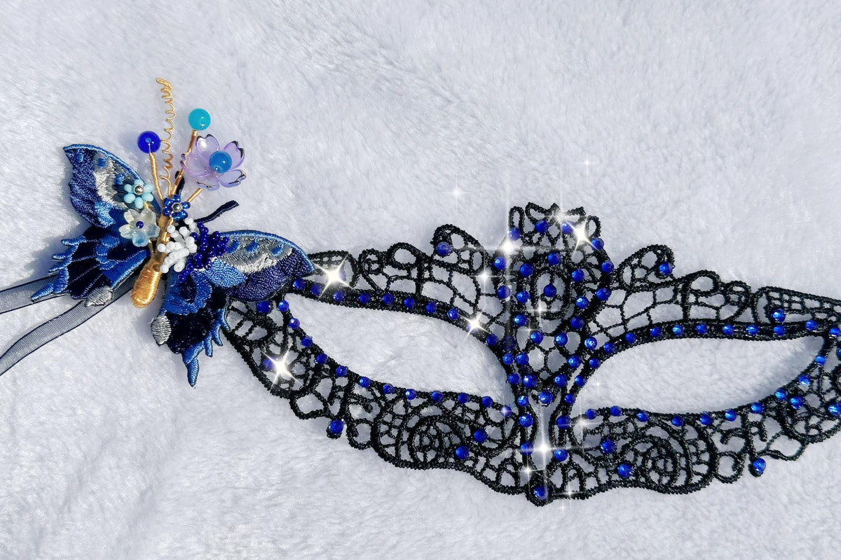 Navy Blue Butterfly Lace Masquerade Mask, Handmade Venetian Eye Mask with Rhinestones, Fairy Costume Mask for Halloween, Prom & Ball