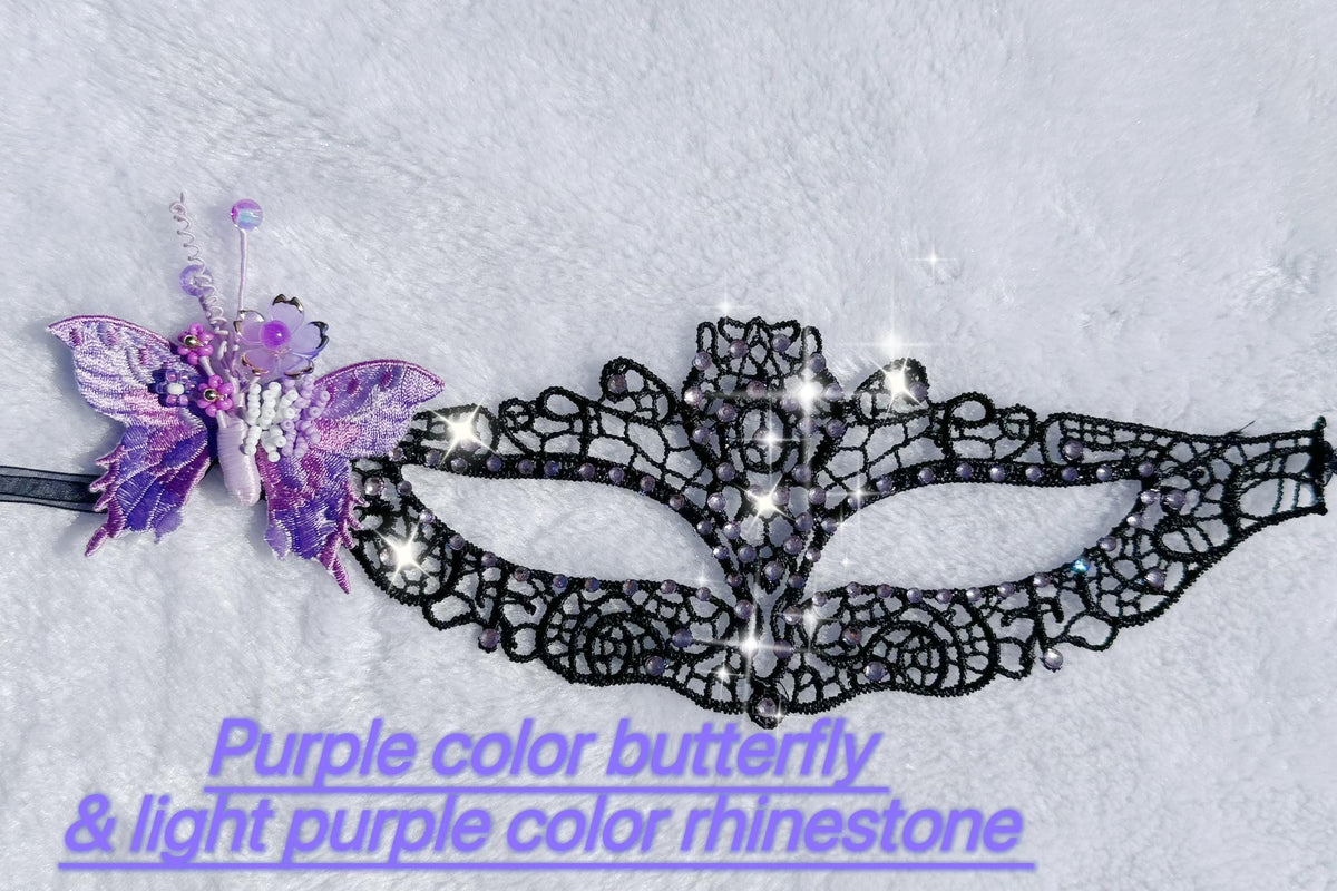 One of a Kind Purple Butterfly Mask, Handmade Black Lace Masquerade Mask, Venetian Eye Mask with Crystal Rhinestones