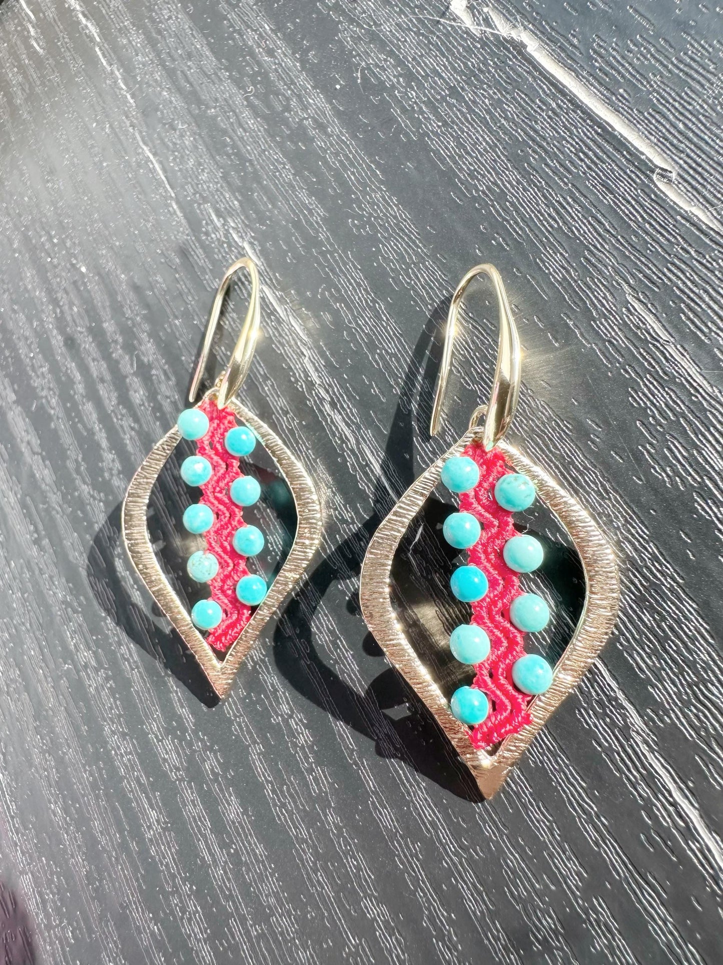 Macrame Turquoise Earrings, 18K Gold Plated, Dangle Earrings