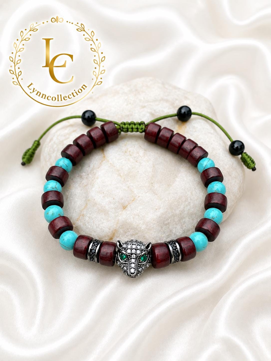Gemstone Bracelet for HIM OR HER. Made it with 6mm turquoise, 2x6mm sandalwood . Adjustable Knotted Cord