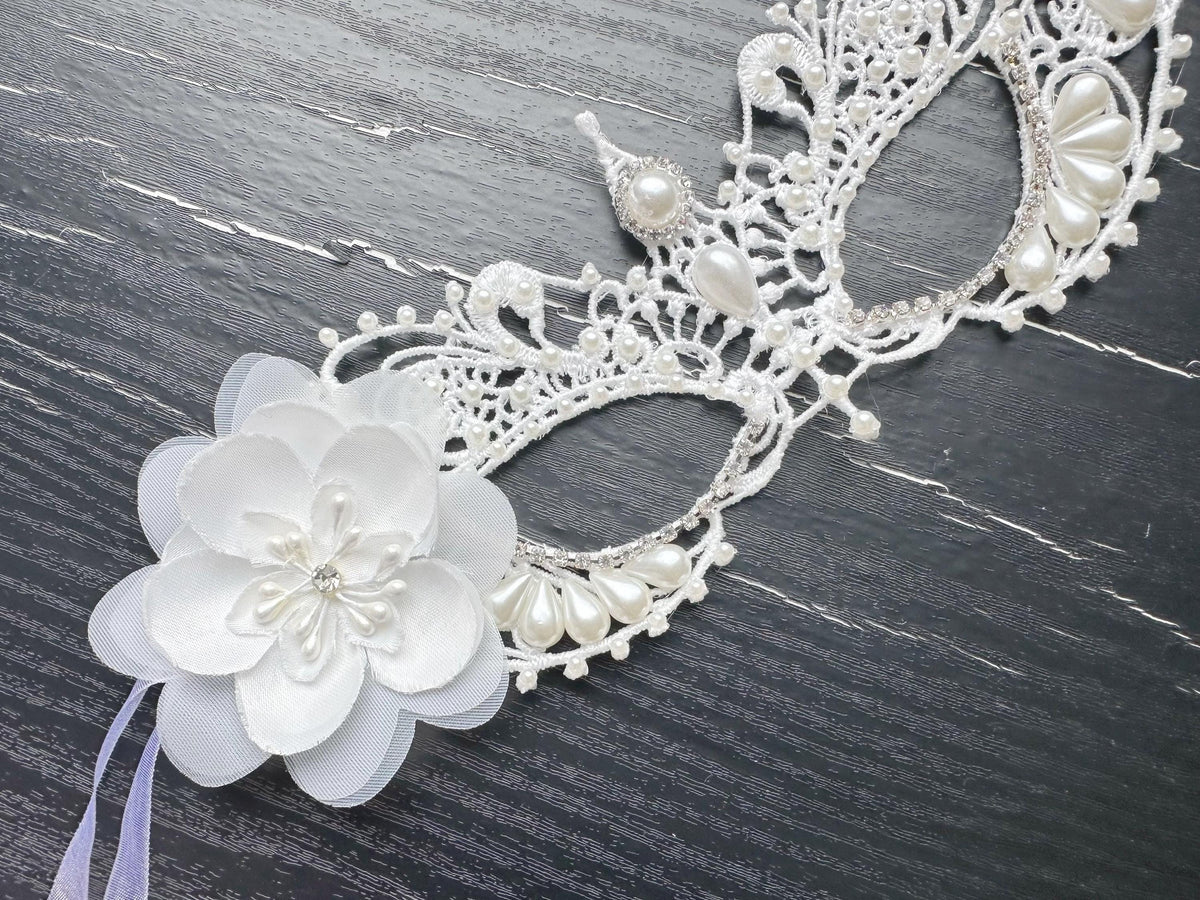 White Lace Masquerade Mask with Resin Beads, Rhinestones, and silk flower