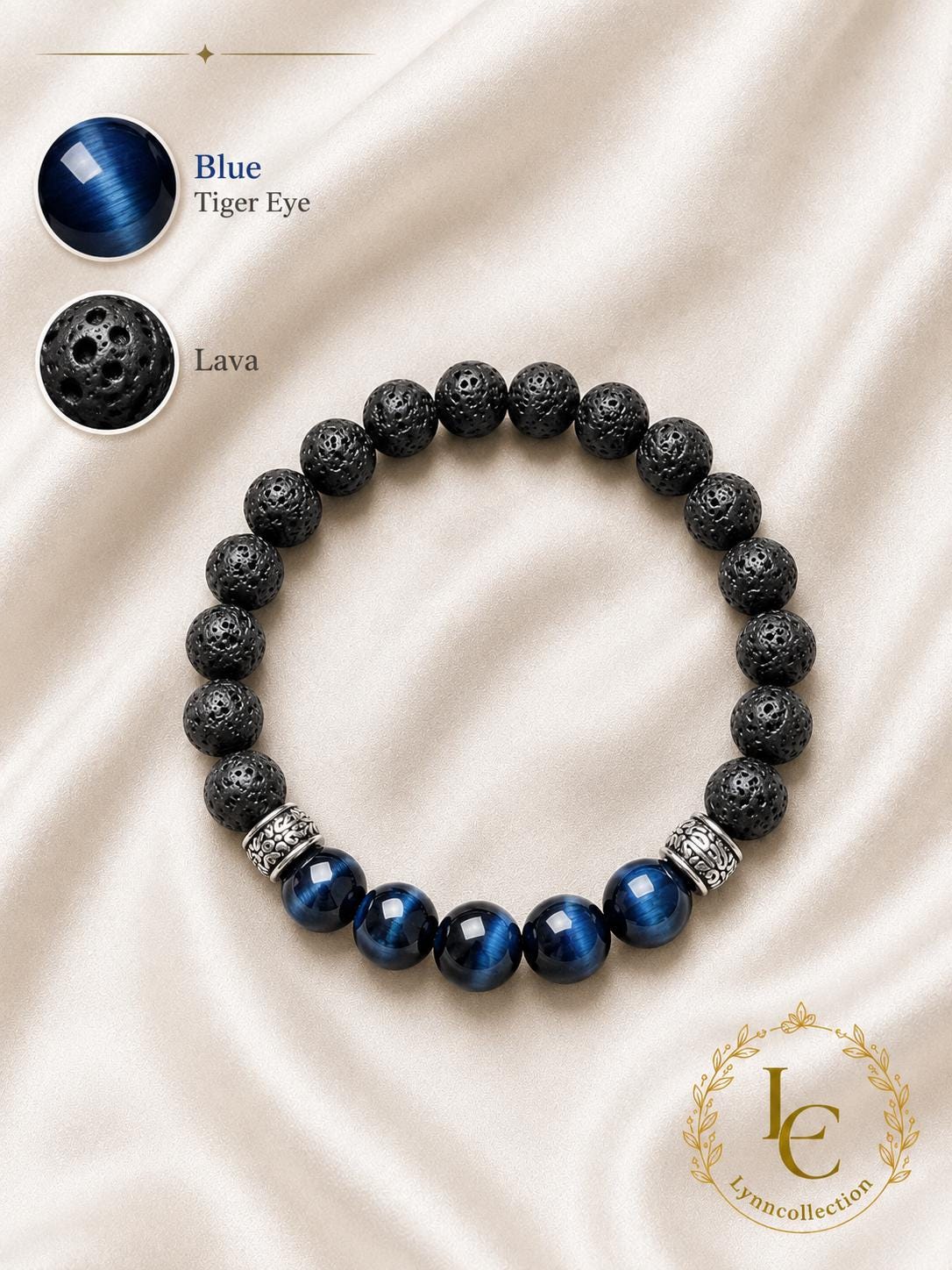 Lava Stone Beaded Bracelet with Blue Tiger's Eye , Black Volcanic Stone Stretch Bracelet - Gemstone Bracelet for HIM AND HER.