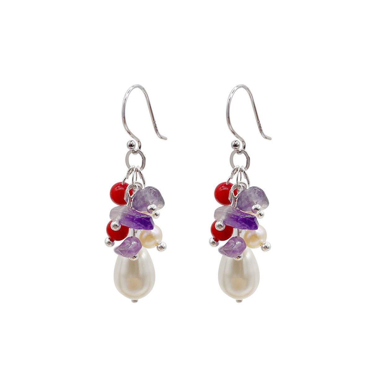 Dangle Earrings,  925 Sterling Silver  Hook with Swarovski pearls and red coral, Amethyst