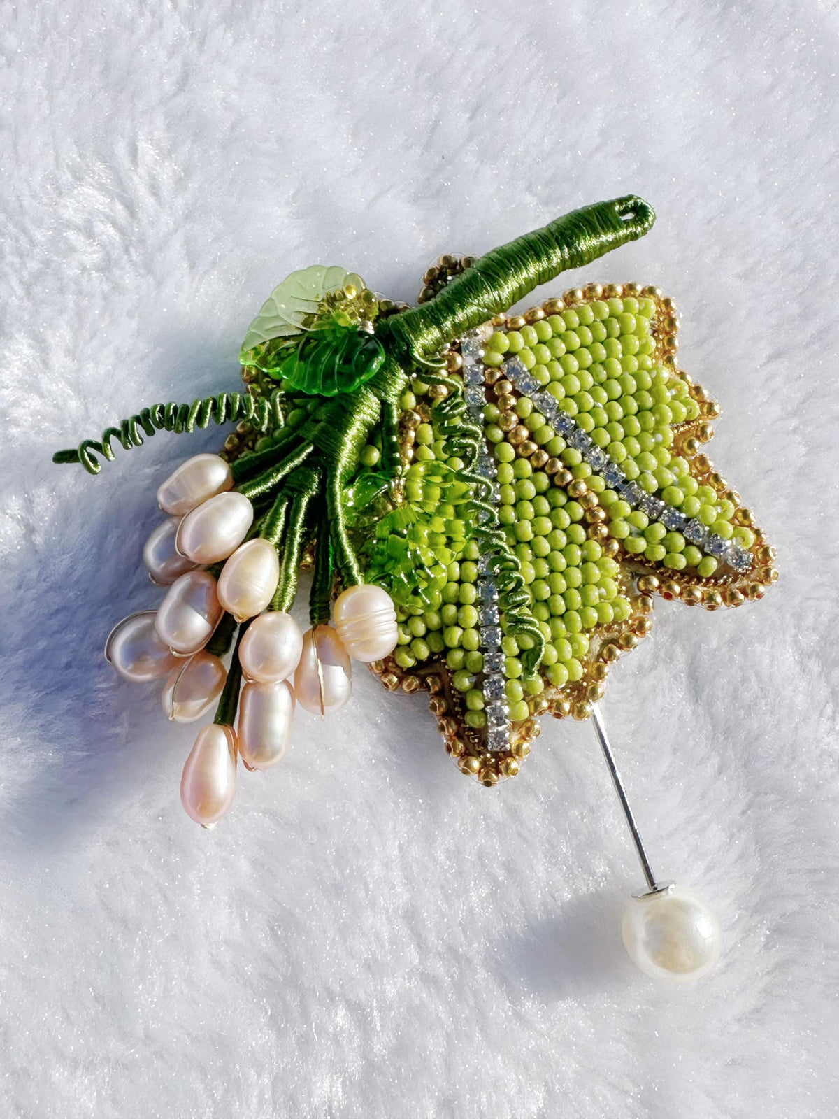 Handmade brooch, beaded with freshwater pearls brooch, size 2.5”x 2.5”