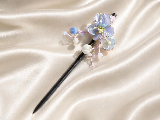 Vintage Hair Stick, Blue color flower Hairpin, Ancient Style Costume Handmade Wooden Hair Accessory