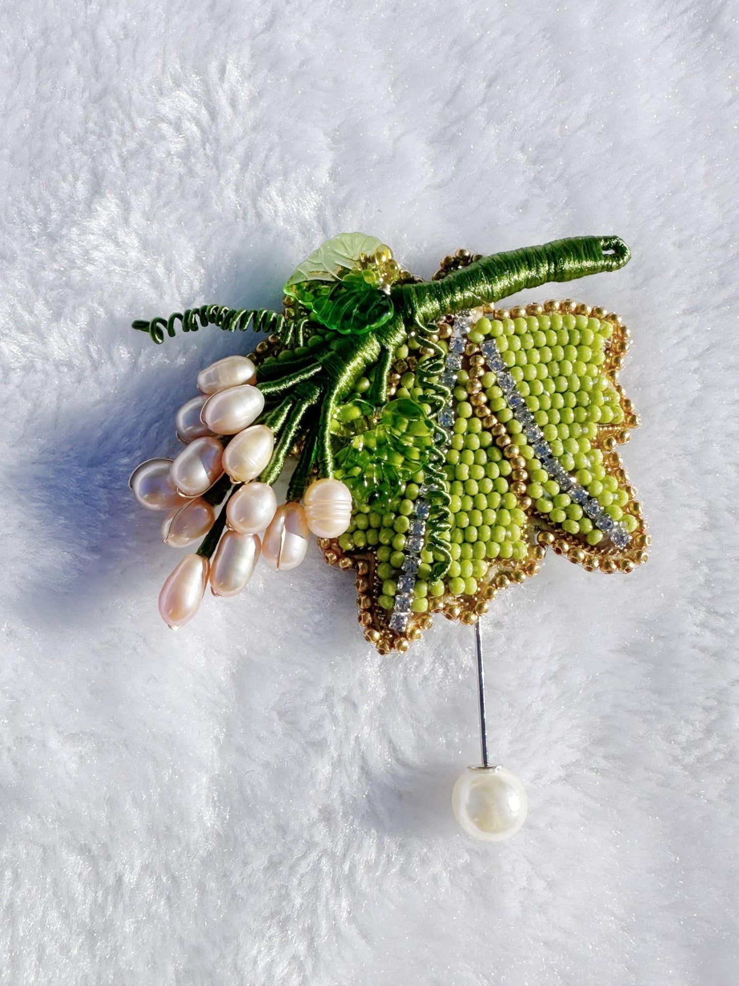 Handmade brooch, beaded with freshwater pearls brooch, size 2.5”x 2.5”