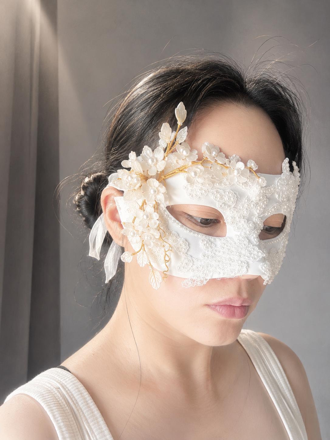 White Venetian Mask,size: (3.15"x7") Handmade White Venetian Mask – Pearl Floral Masquerade Mask, Elegant Costume Mask, Fairy-core, Party
