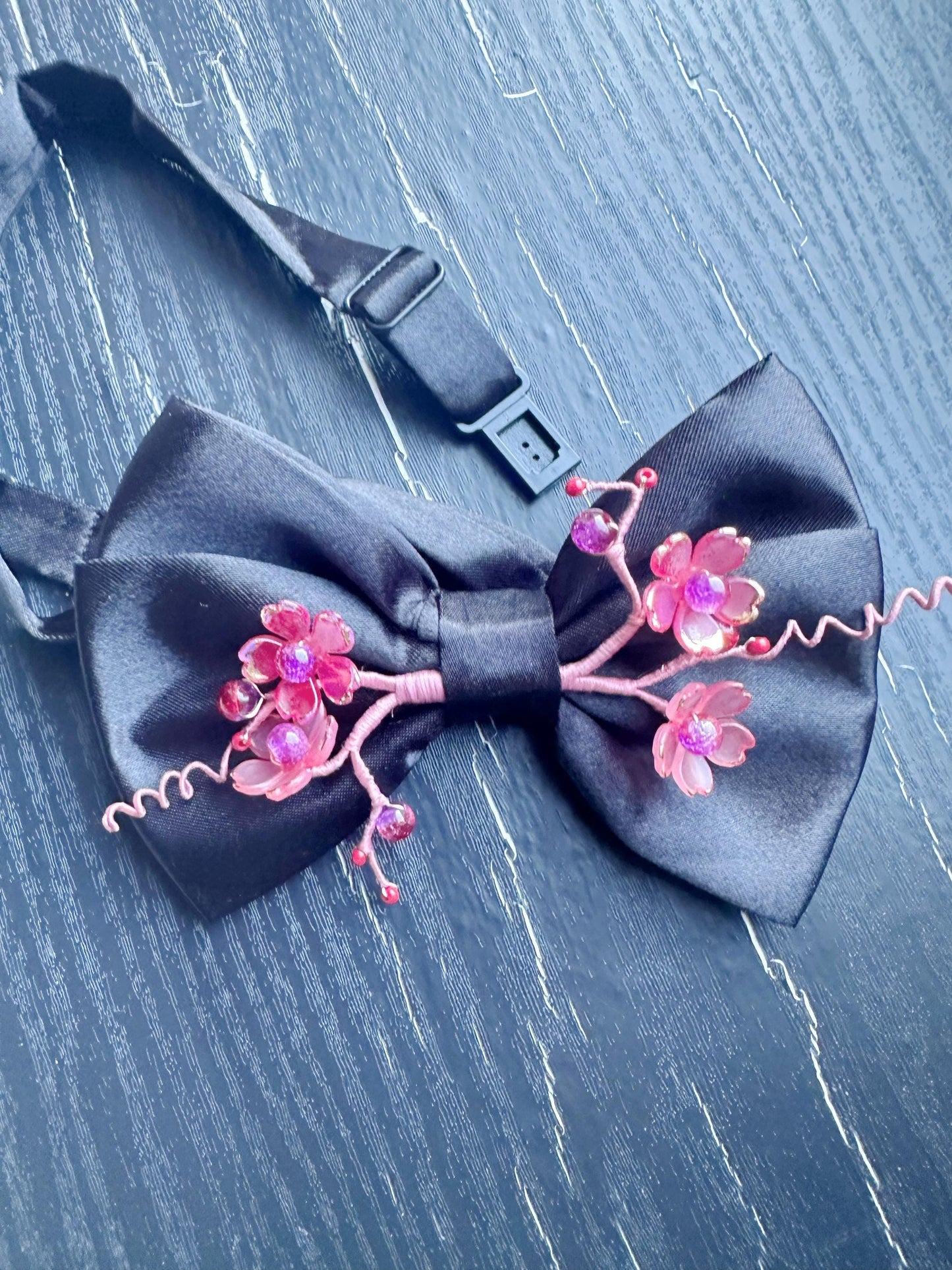 Handmade Bow Tie for women Men,Boys – Black Satin Bow Tie with red color Cherry Blossom Branch – Asian Inspired Wedding Formal Accessory