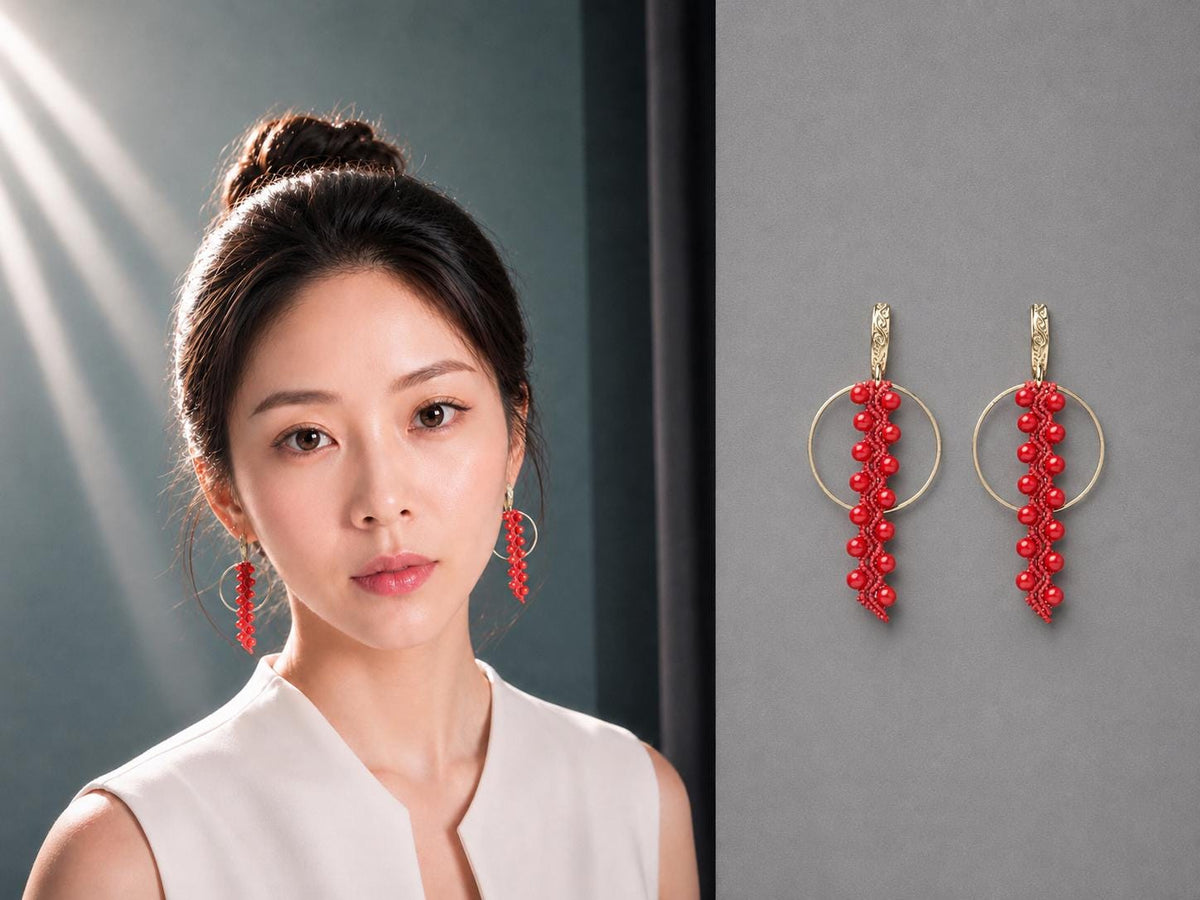 Red Coral Macrame Earrings, Gold Plated, Handmade Crochet