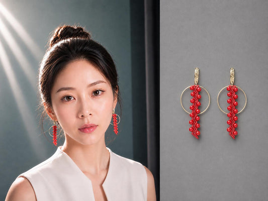 Red Coral Macrame Earrings, Gold Plated, Handmade Crochet