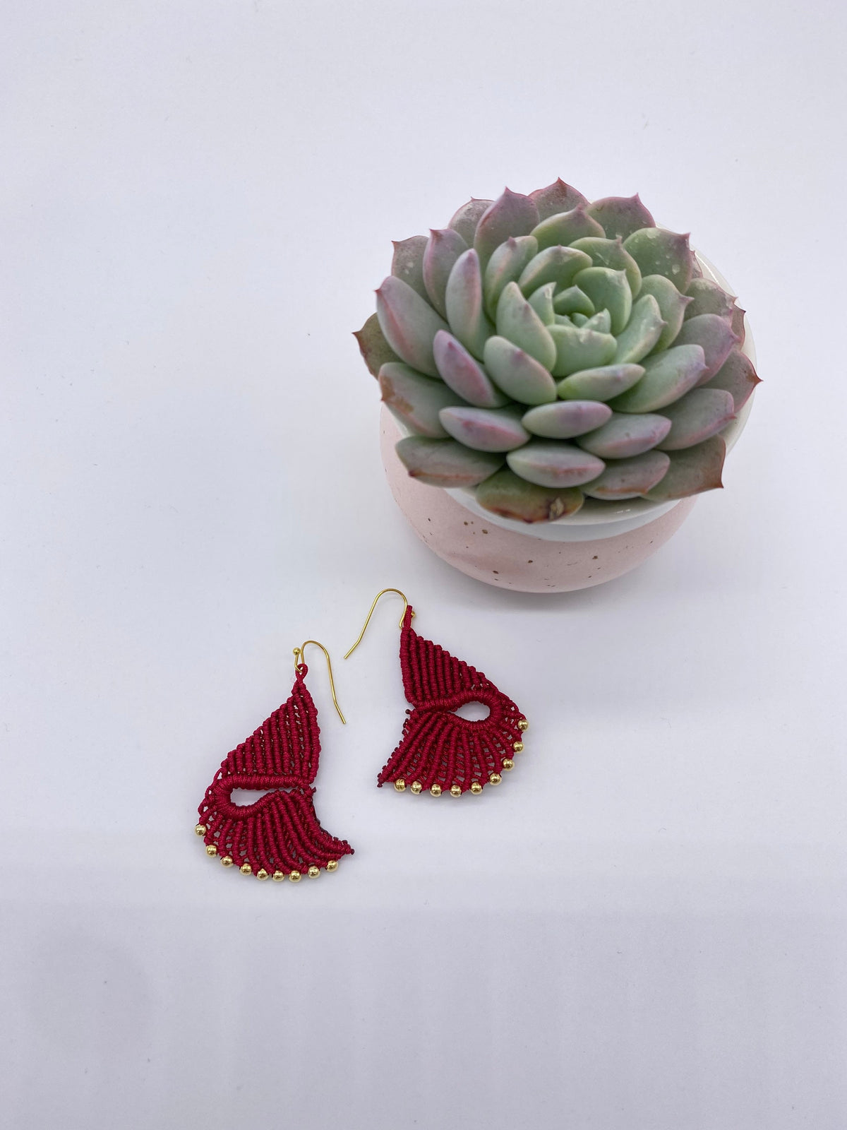 Red Macrame Dangle Earrings: Bohemian Tribal Jewelry