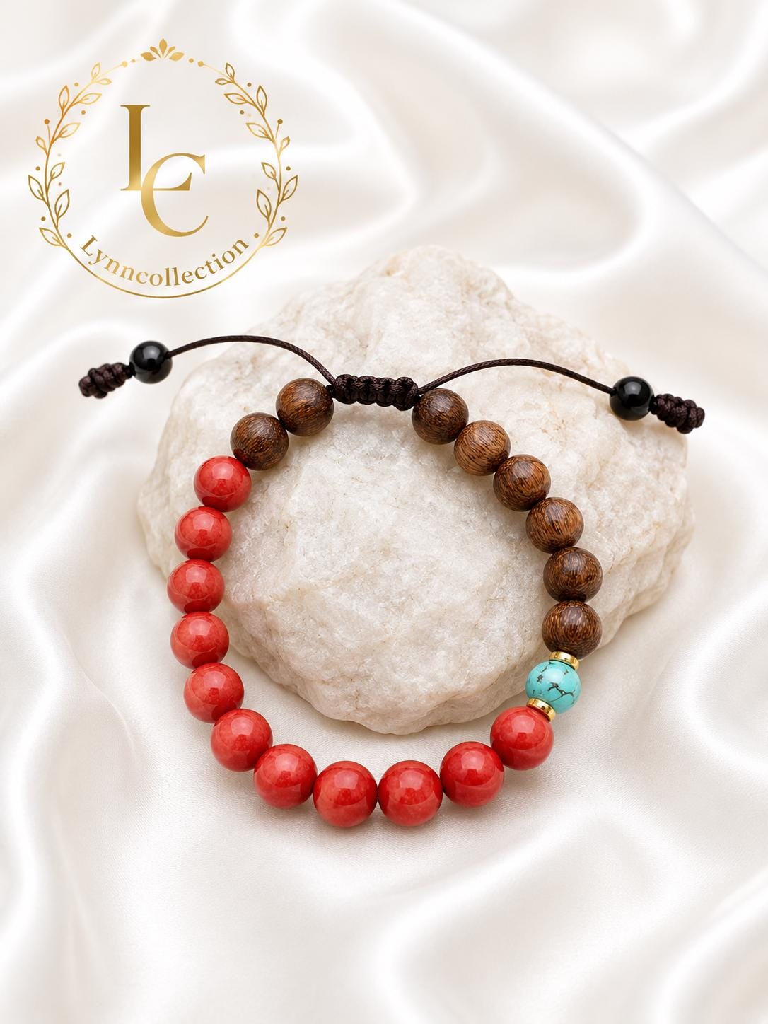 Beaded Bracelet for Him & Her, 8mm sandalwood, 8mm red coral, 6mm turquoise, Adjustable Knotted cord