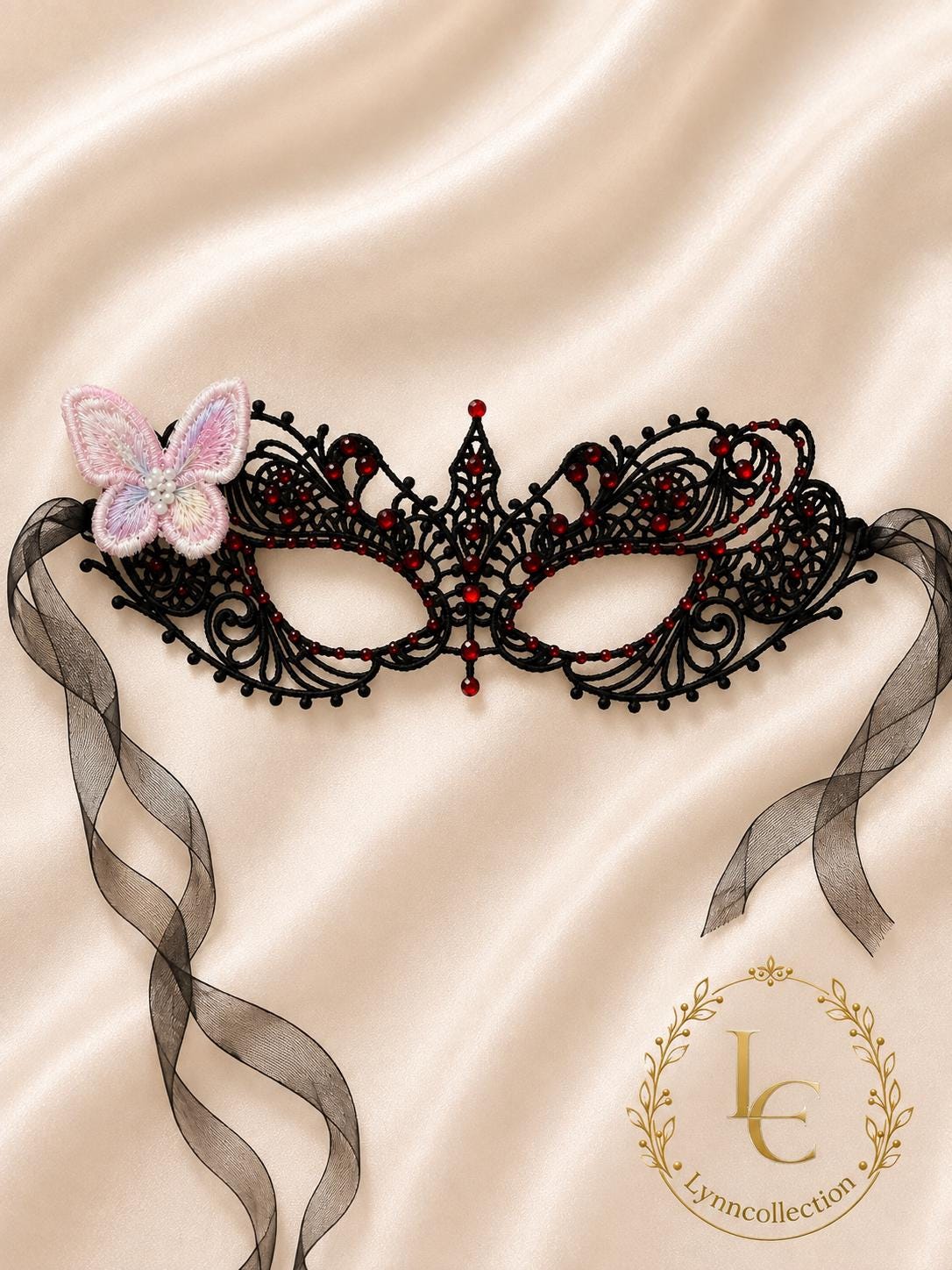 Lace Masquerade Mask, Red Rhinestone and Butterfly, Party Costume