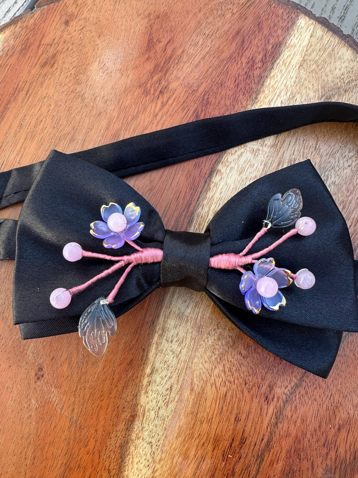 Handmade Bow Tie and brooch set for women Men,Boys – Black Satin Bow Tie flowers Blossom Branch – Asian Inspired Wedding Formal Accessory
