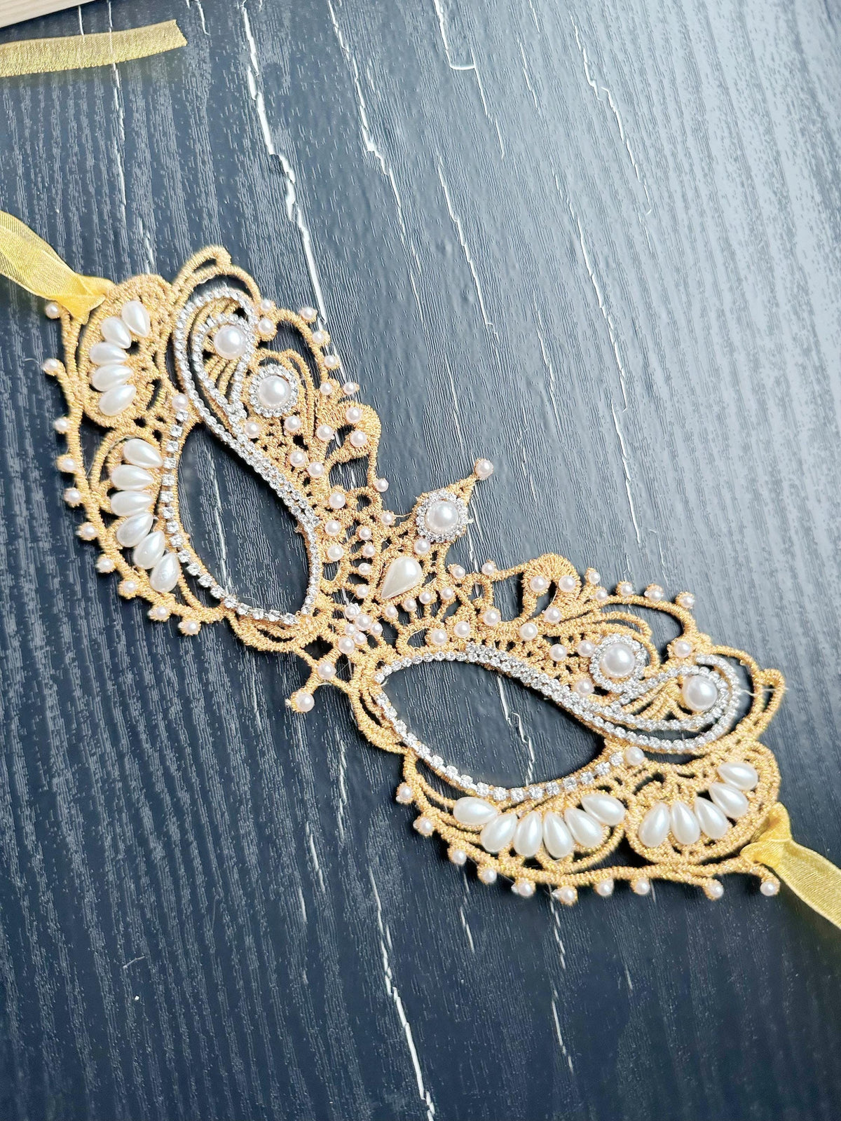 Gold color Lace Masquerade Mask, Embroidered Party Mask with white Resin beads and rhinestone, party mask