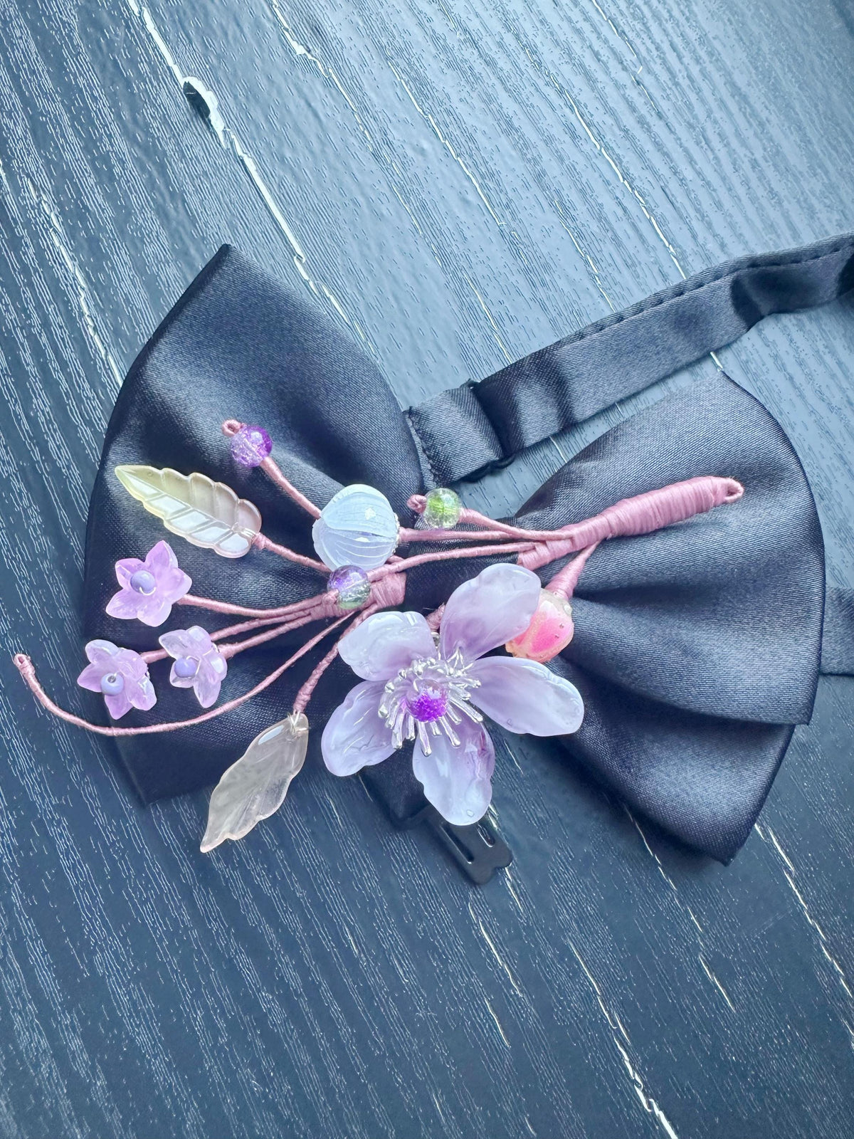 Handmade Bow Tie for women Men,Boys – Black Satin Bow Tie with Purple flower Blossom Branch – Asian Inspired Wedding Formal Accessory