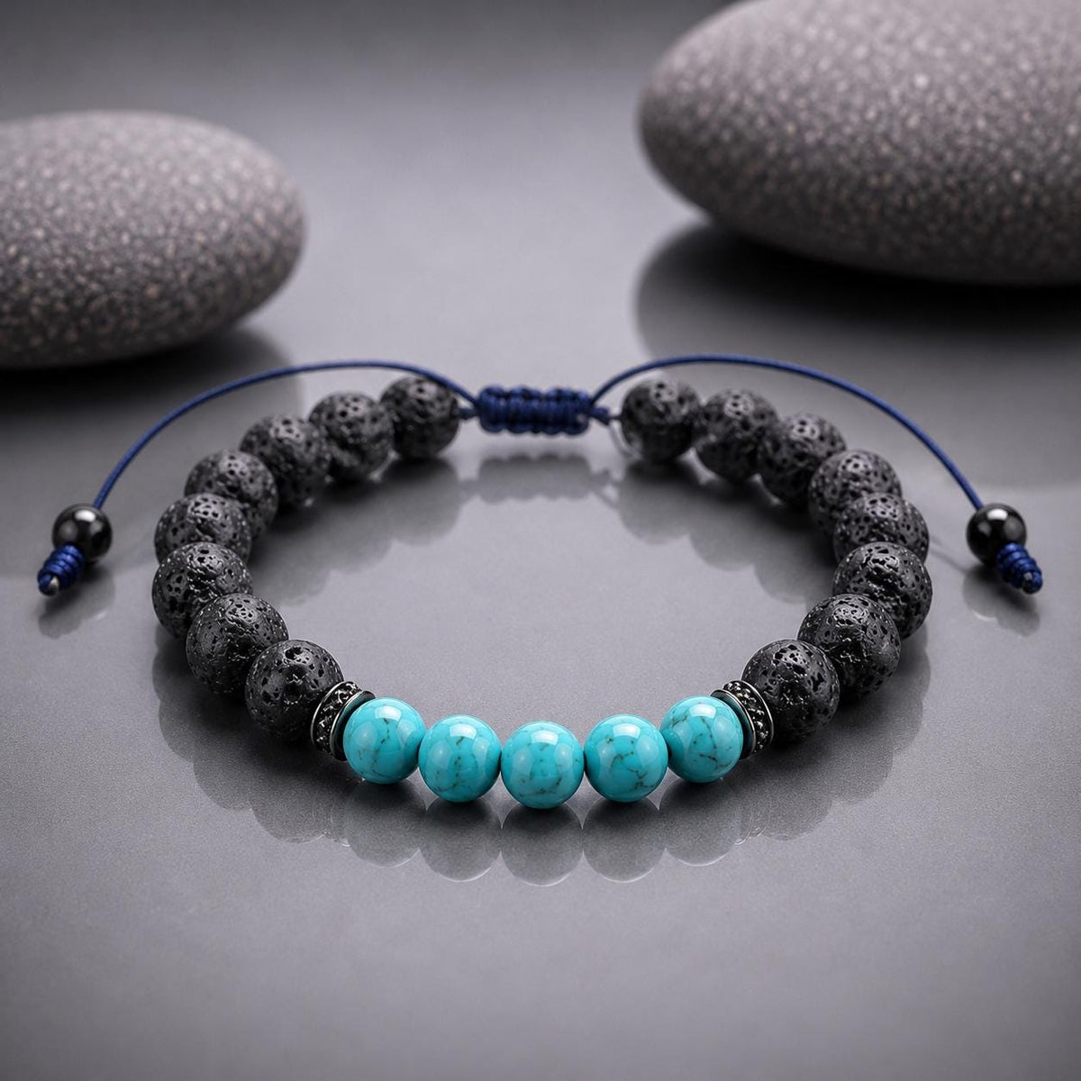 Gemstone Bracelet for HIM OR HER. Black Lava Stone & turquoise Bracelet ,Adjustable Natural Gemstone Bracelet