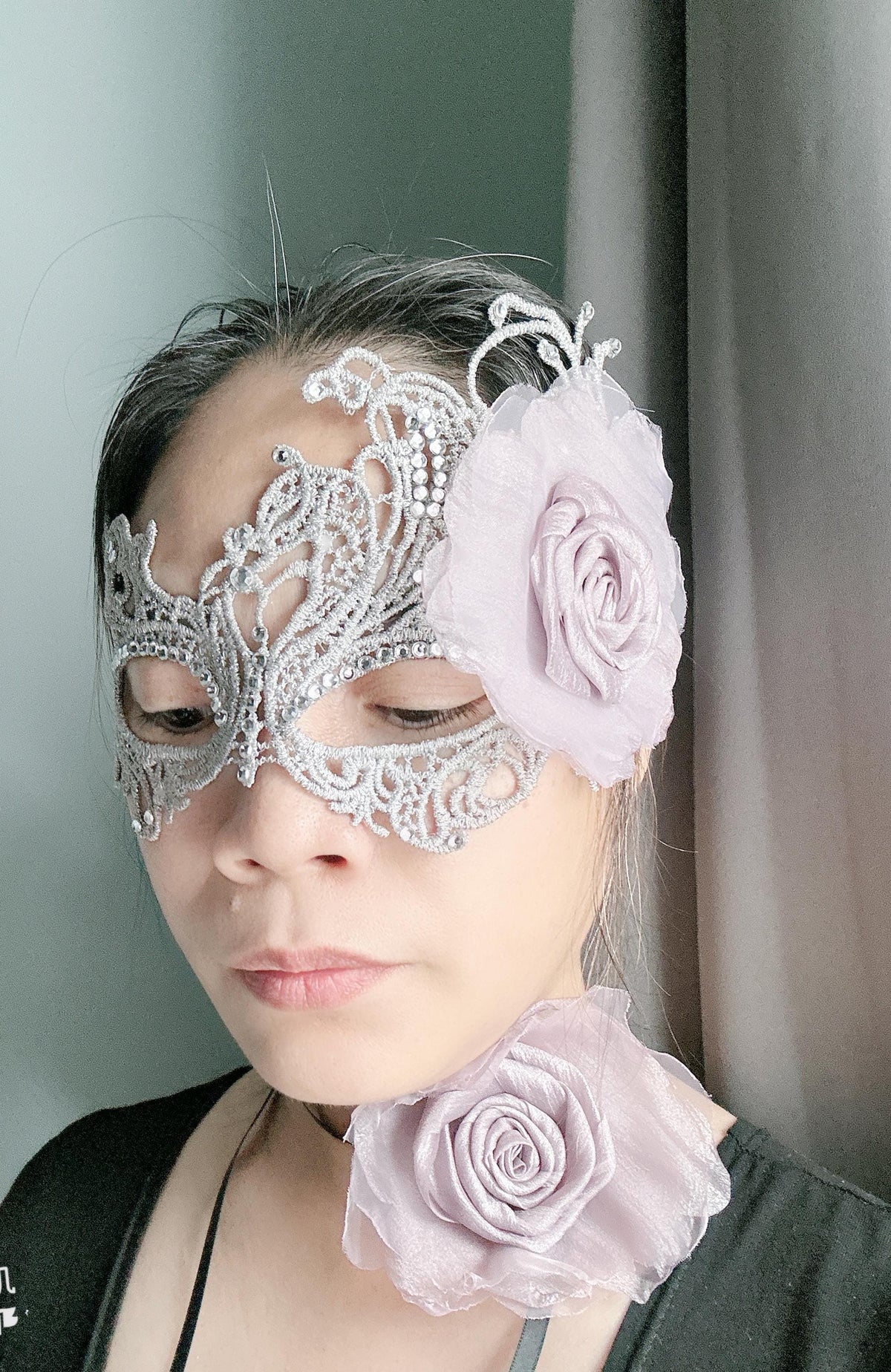 Gray color Masquerade Mask with light purple color fabric flower, and silk flower choker, Halloween mask ( price includes mask and choker