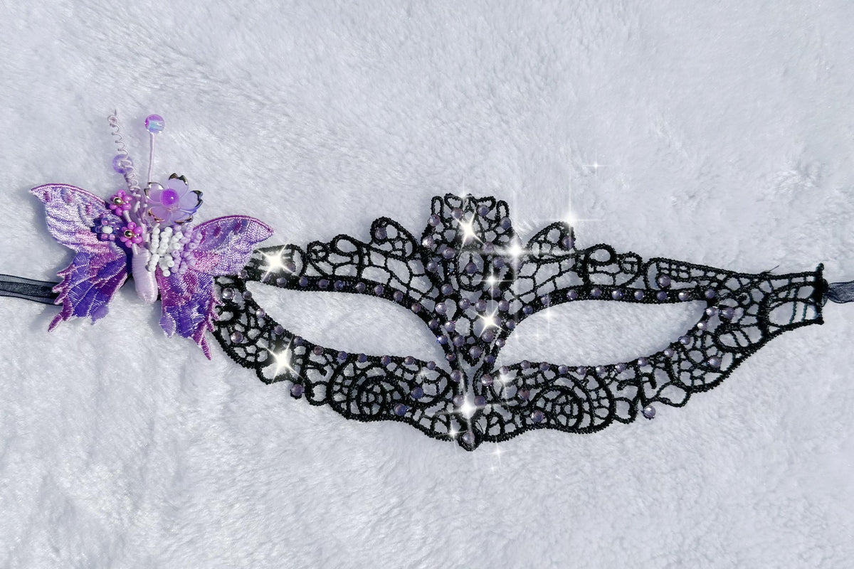 One of a Kind Purple Butterfly Mask, Handmade Black Lace Masquerade Mask, Venetian Eye Mask with Crystal Rhinestones