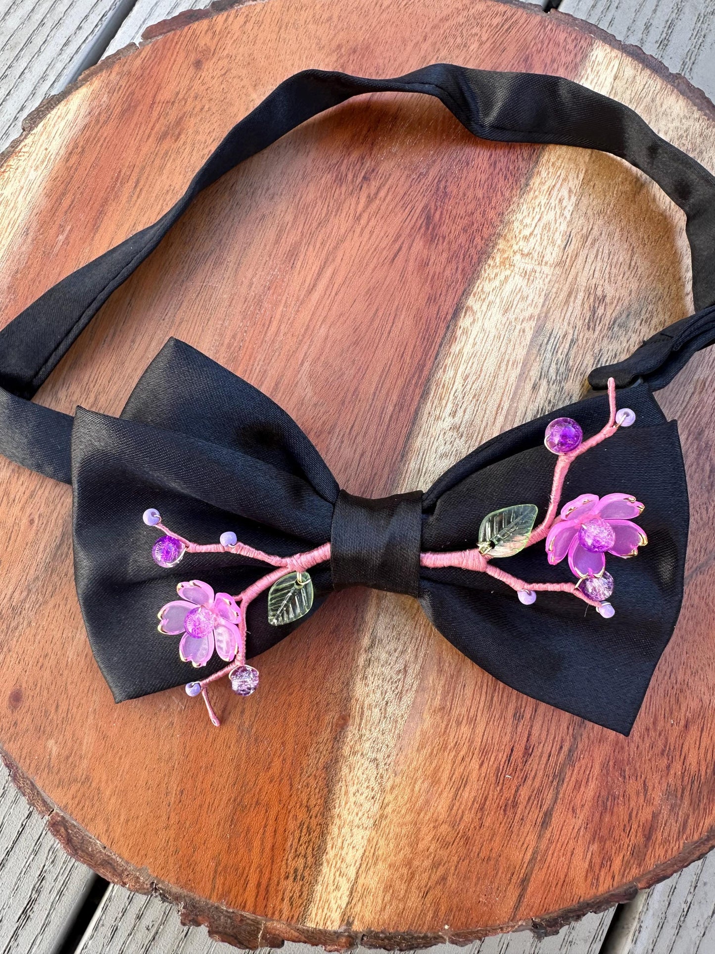 Handmade Bow Tie for women Men,Boys – Black Satin Bow Tie with Pink Cherry Blossom Branch – Asian Inspired Wedding Formal Accessory