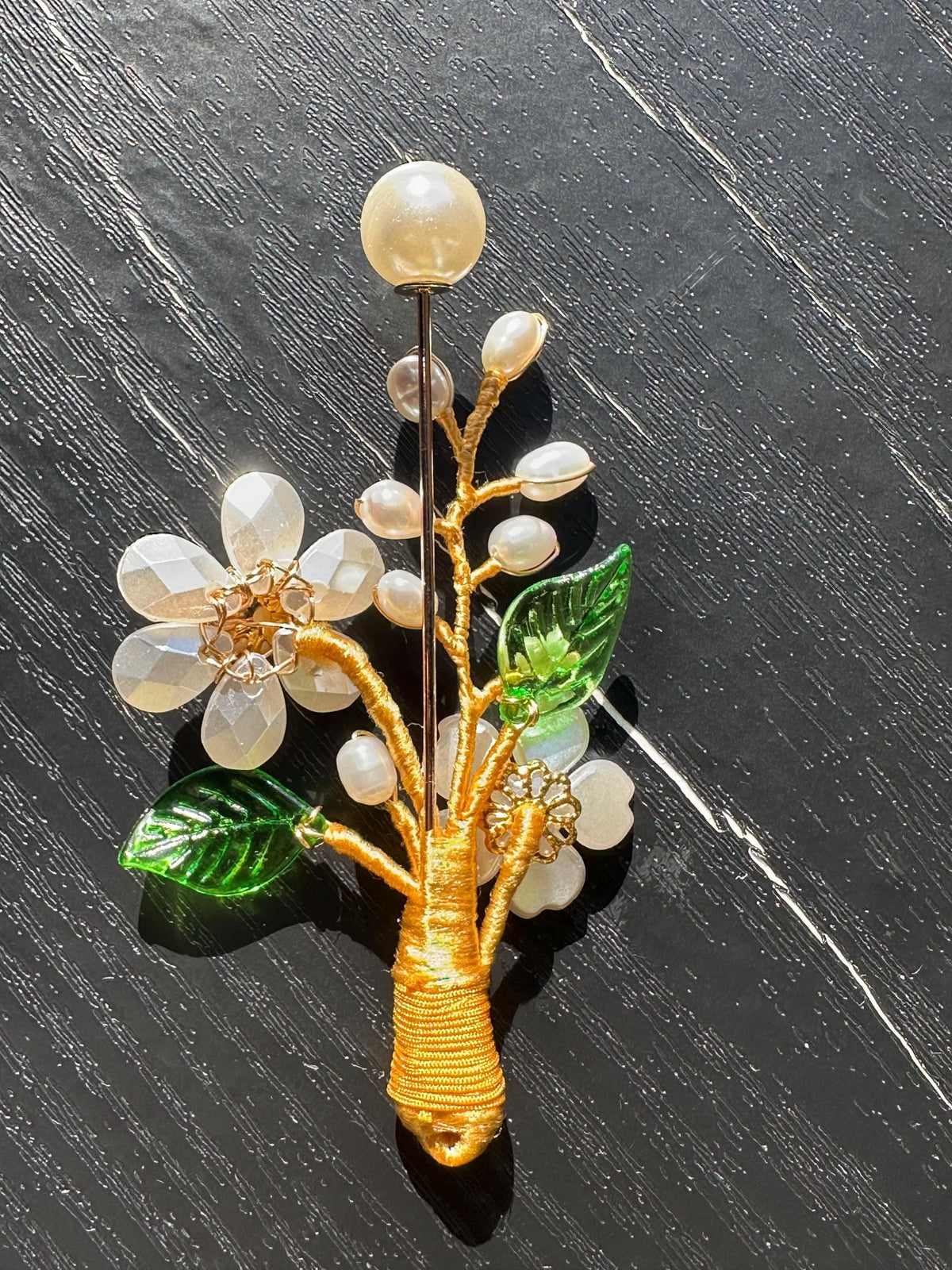 Handmade  brooch,  white color acrylic beads and freshwater pearls with gold color silk thread