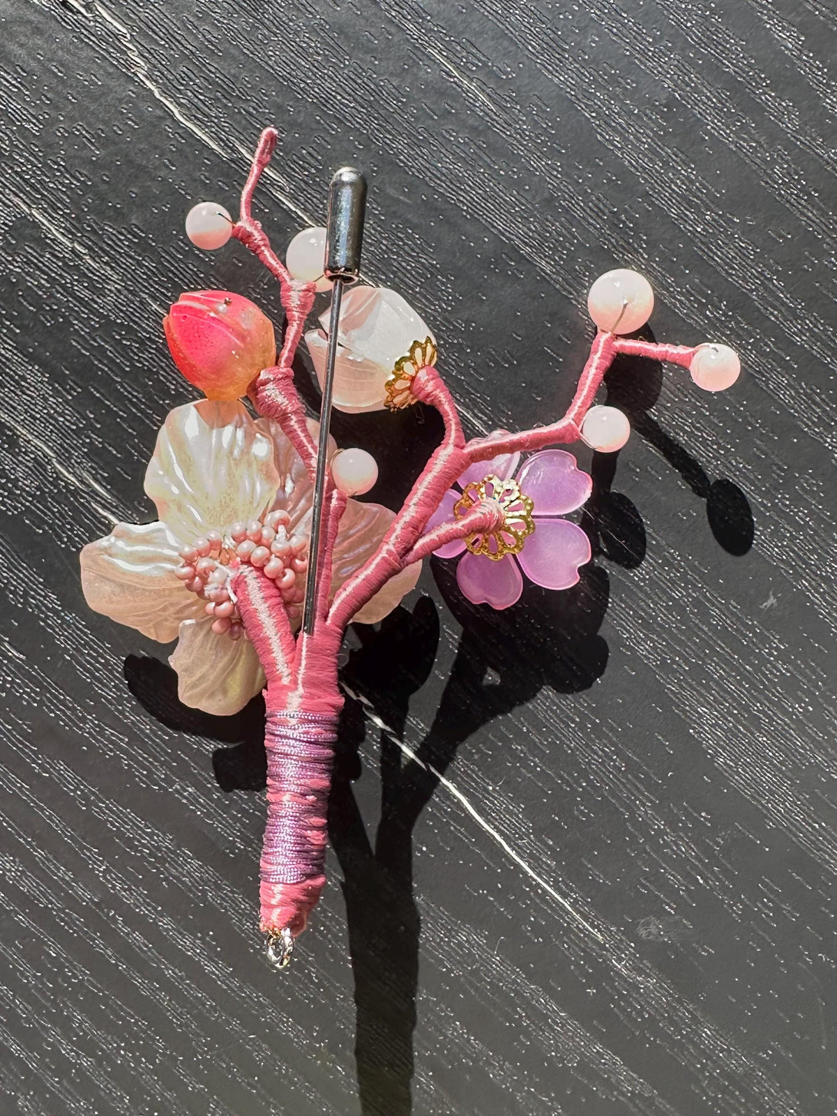 Handmade  brooch, pink color acrylic beads and gemstone beads with silk thread
