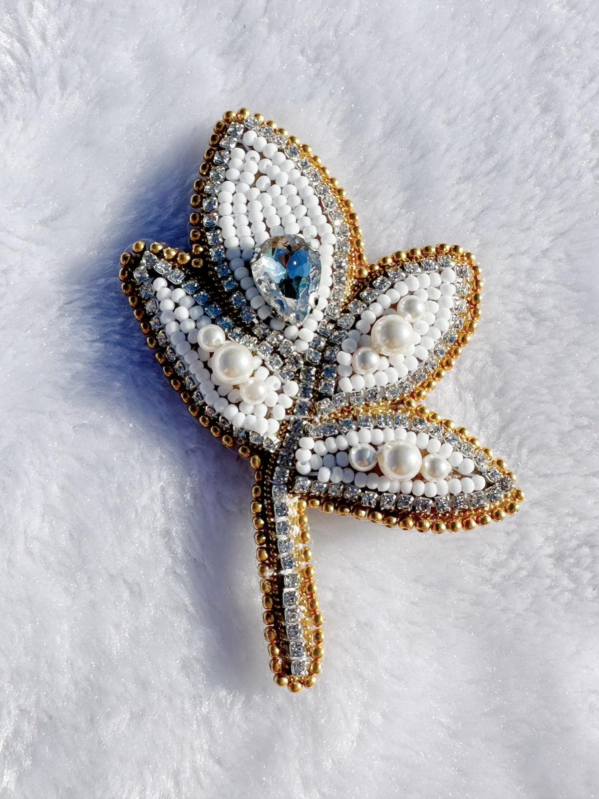 Beaded brooch, with white color seed beads, Swarovski pearls and rhinestones brooch, size 3.5”x 2”