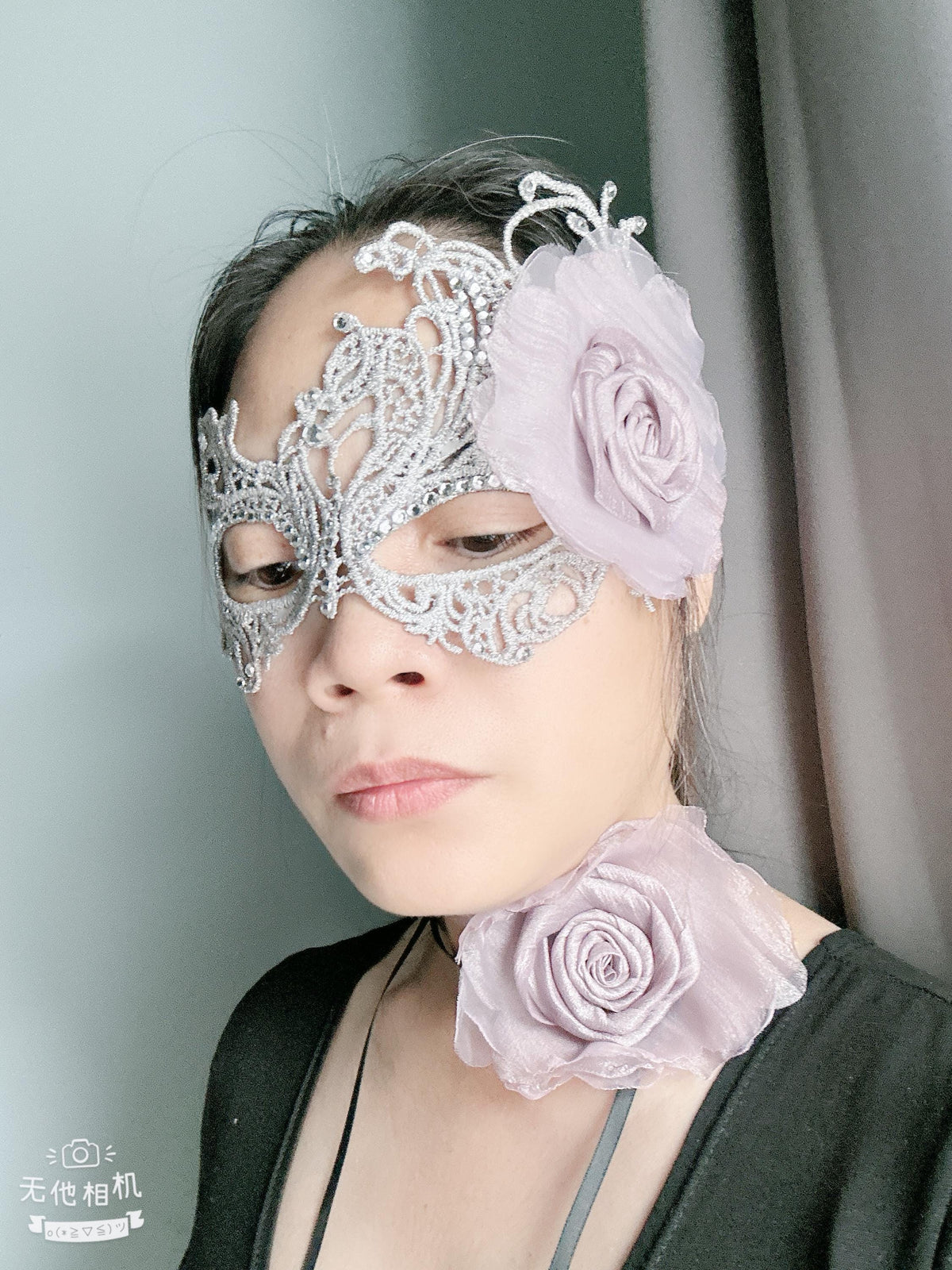 Gray color Masquerade Mask with light purple color fabric flower, and silk flower choker, Halloween mask ( price includes mask and choker