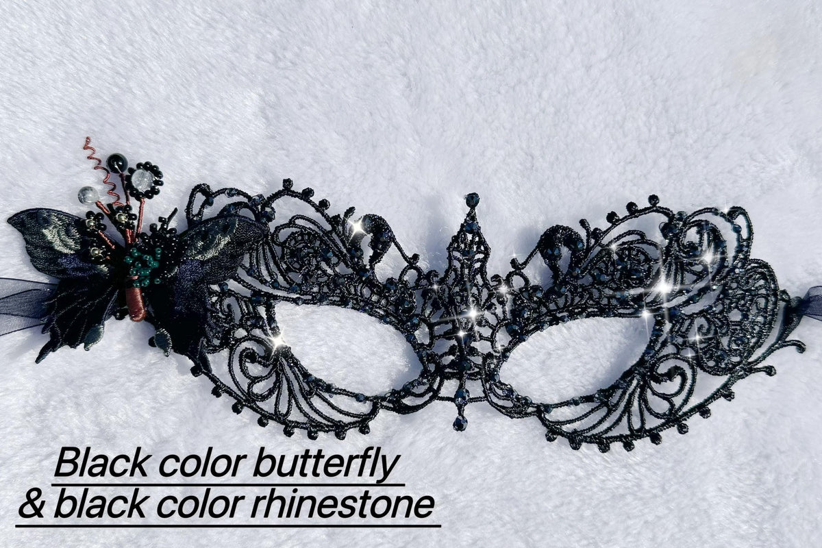 One of a Kind Black Color Butterfly Mask, Handmade Black Lace Masquerade Mask, Venetian Eye Mask with Crystal Rhinestones