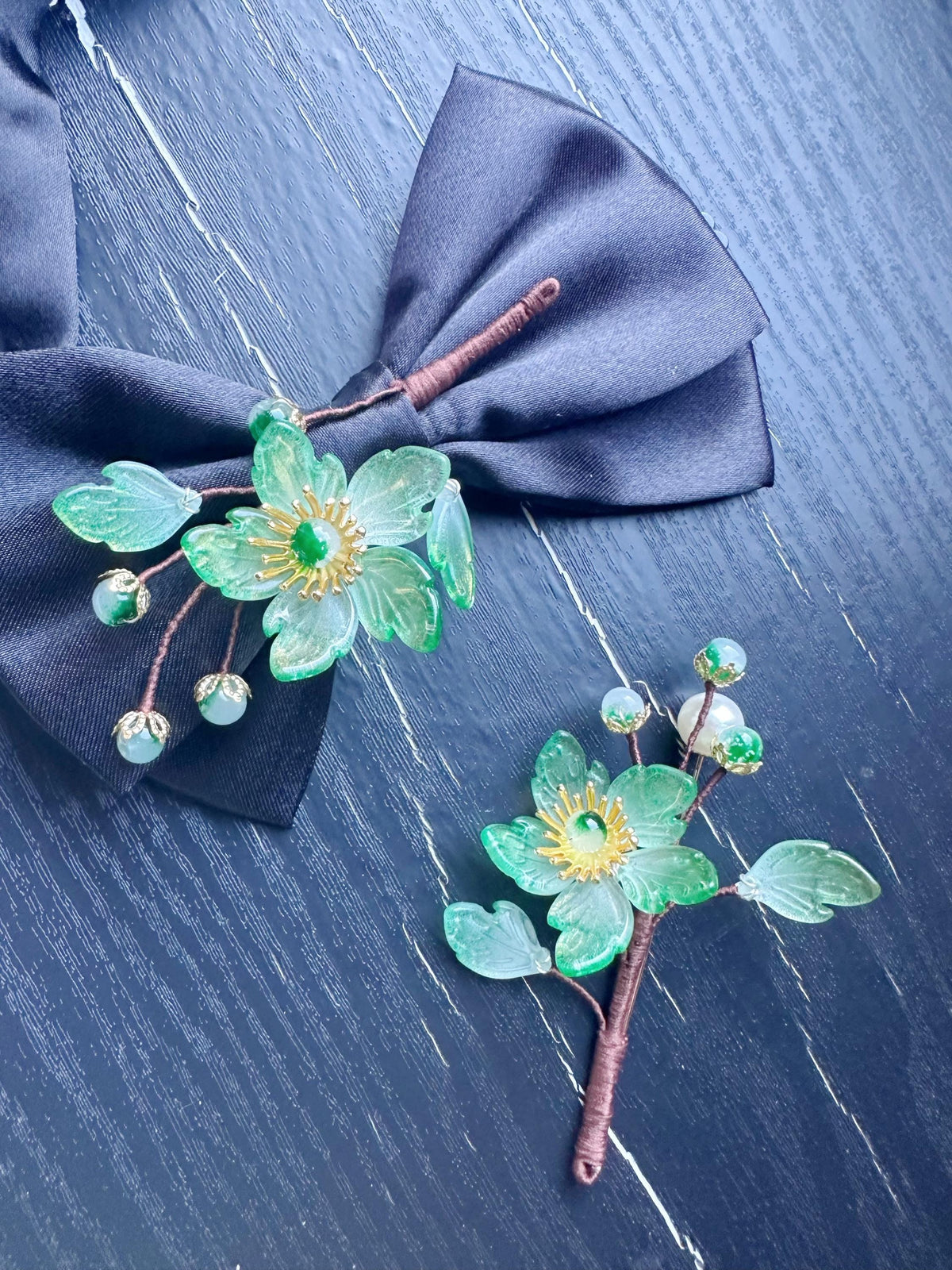 Handmade Bow Tie and brooch set for Women, Men,Boys – Black Satin Bow Tie flowers Blossom Branch – Asian Inspired Wedding Formal Accessory