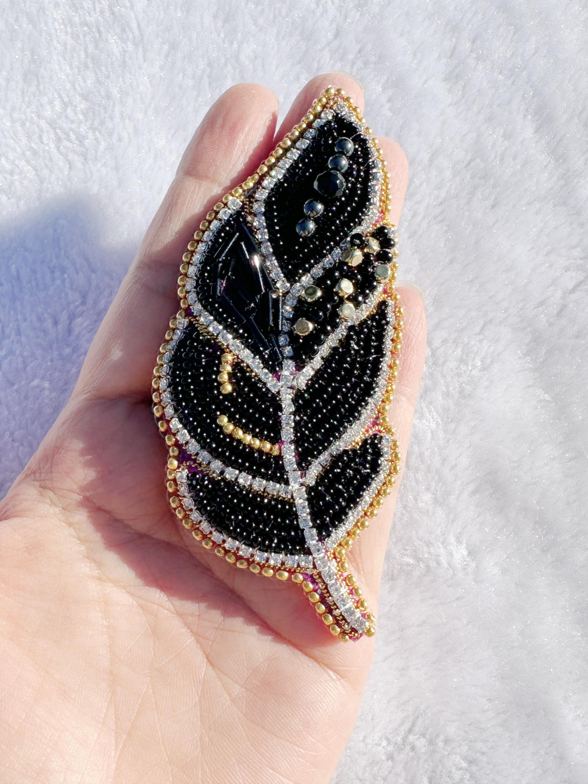 Beaded brooch, black color feather brooch, with seed beads and gemstones bead, size 4” x 2”