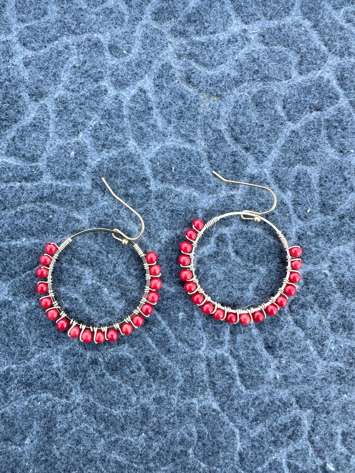 Handmade Red Coral Hoop Earrings: Gold Plated, Nickel Free