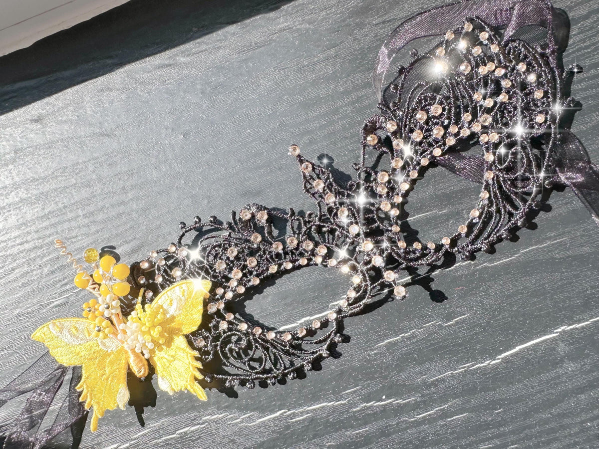 Handmade Yellow Butterfly Masquerade Mask, Black Lace Venetian Mask, Rhinestone  Eye Mask, Mardi Gras, Halloween Costume, Cosplay Accessory