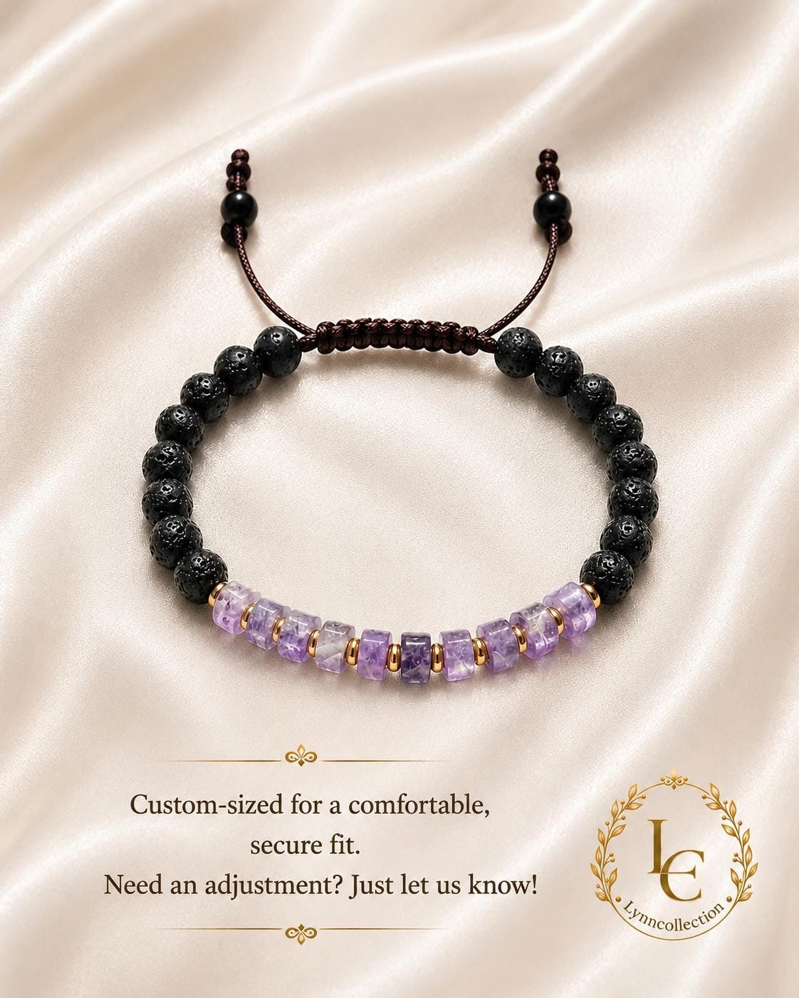 Lava Stone Beaded Bracelet for Men OR Women – Lavender Amethyst, Lava Stone , 14k gold plated space   -Adjustable