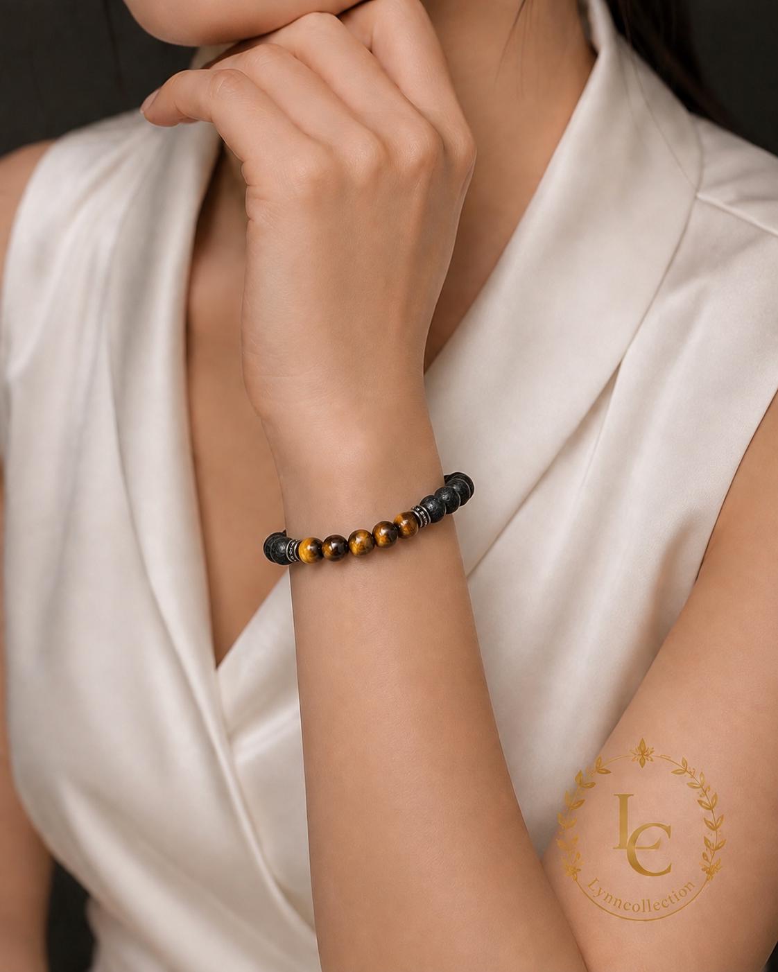 Lava Stone Beaded Bracelet with Yellow Tiger's Eye , Black Volcanic Stone Stretch Bracelet - Gemstone Bracelet for HIM AND HER.