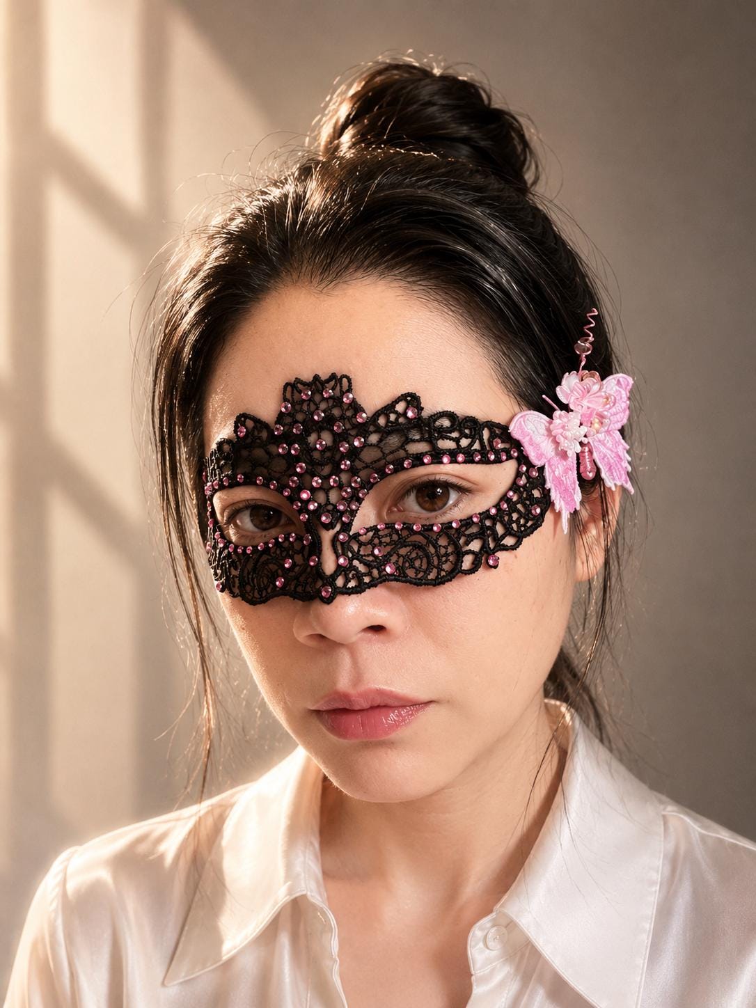 Black Lace Masquerade Mask, with Pink Color rhinestone and butterfly, handmade flowers Mask for Ball Party/Halloween