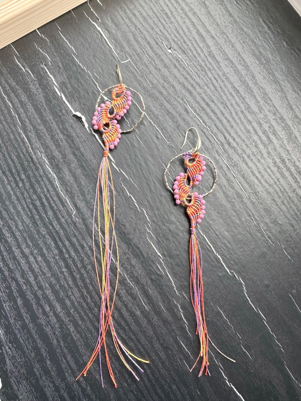 Handmade Macrame Earrings, Peacock Tail, Phosphosiderite Beads, Gold Plated Hooks