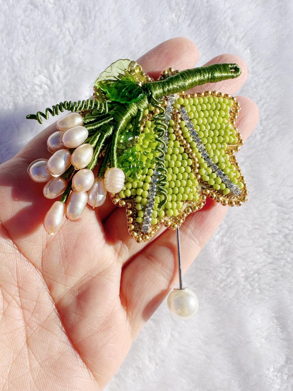 Handmade brooch, beaded with freshwater pearls brooch, size 2.5”x 2.5”