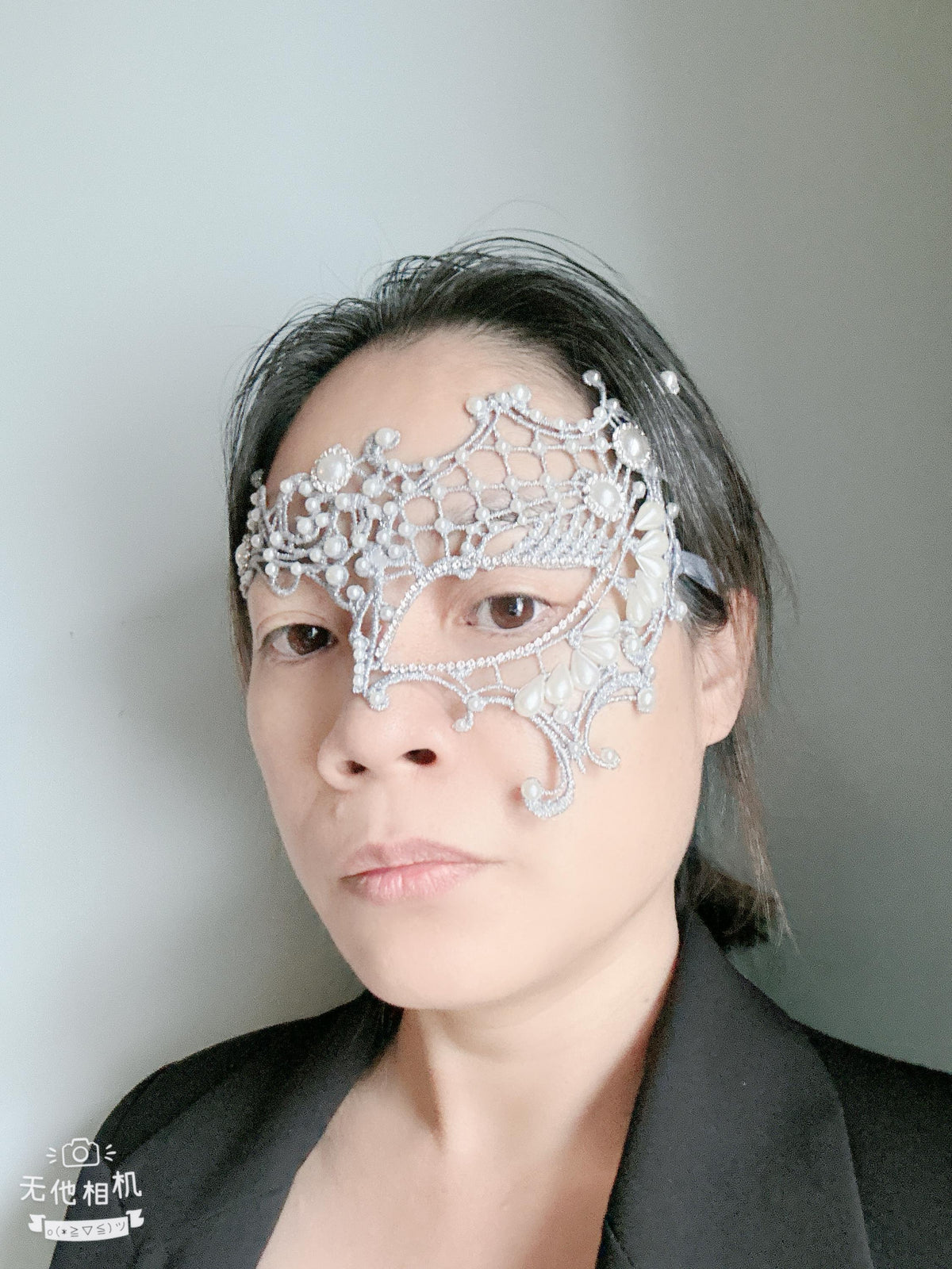 Gray Lace Masquerade Mask, Rhinestones & Pearls