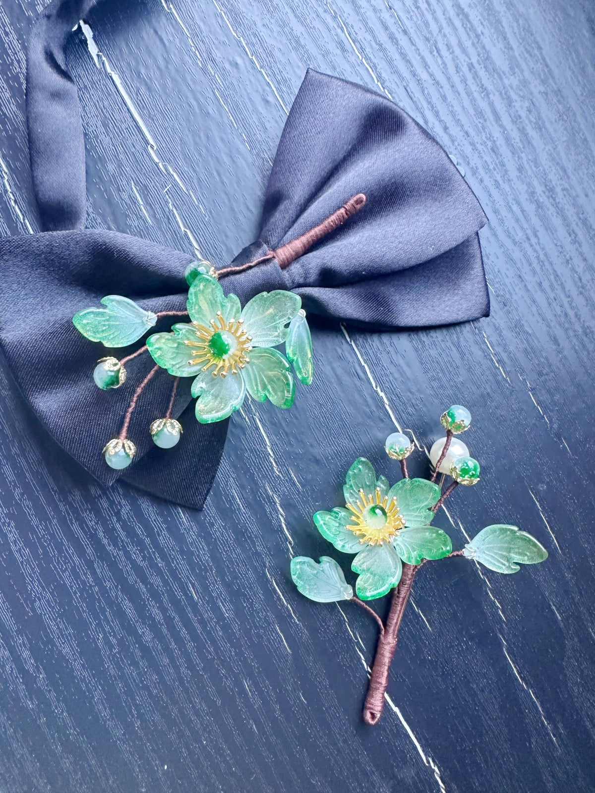 Handmade Bow Tie and brooch set for Women, Men,Boys – Black Satin Bow Tie flowers Blossom Branch – Asian Inspired Wedding Formal Accessory