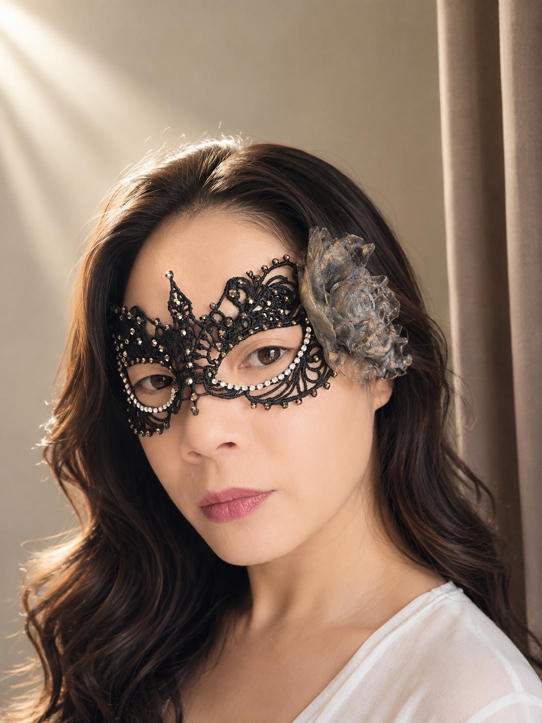 Black color Masquerade Mask with silk flower and rhinestones, Women's Masquerade Mask, Masquerade party Masks, Halloween party mask