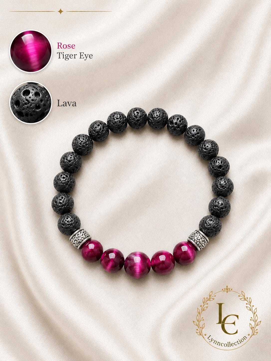 Gemstone Bracelet For Him And her: Lava stone, rose tiger eye, and tibetan Silver spacer beads.