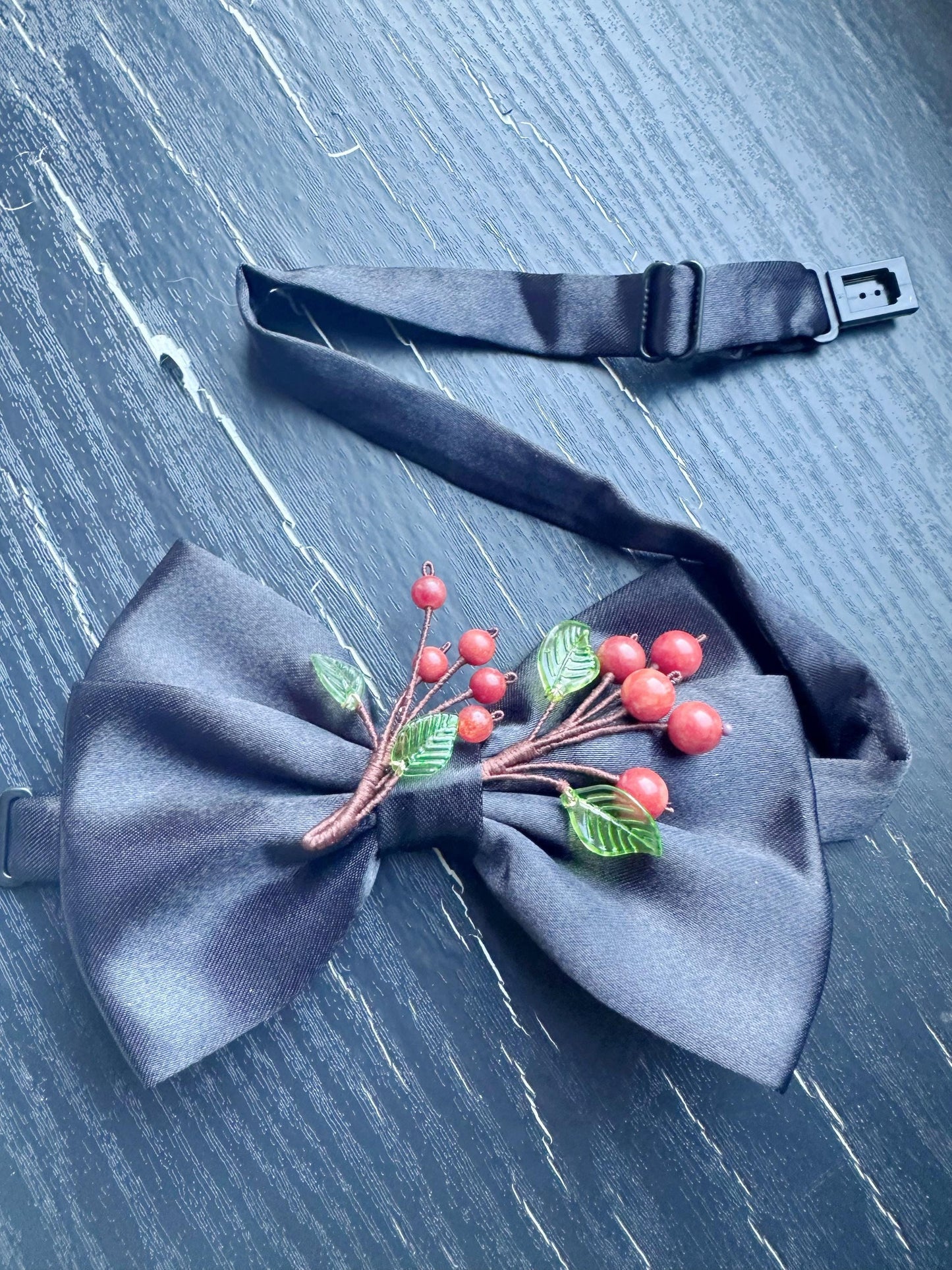 Handmade Bow Tie for women Men,Boys – Black Satin Bow Tie with Red Coral beads made Cherry Blossom Branch – Asian Inspired Formal Accessory
