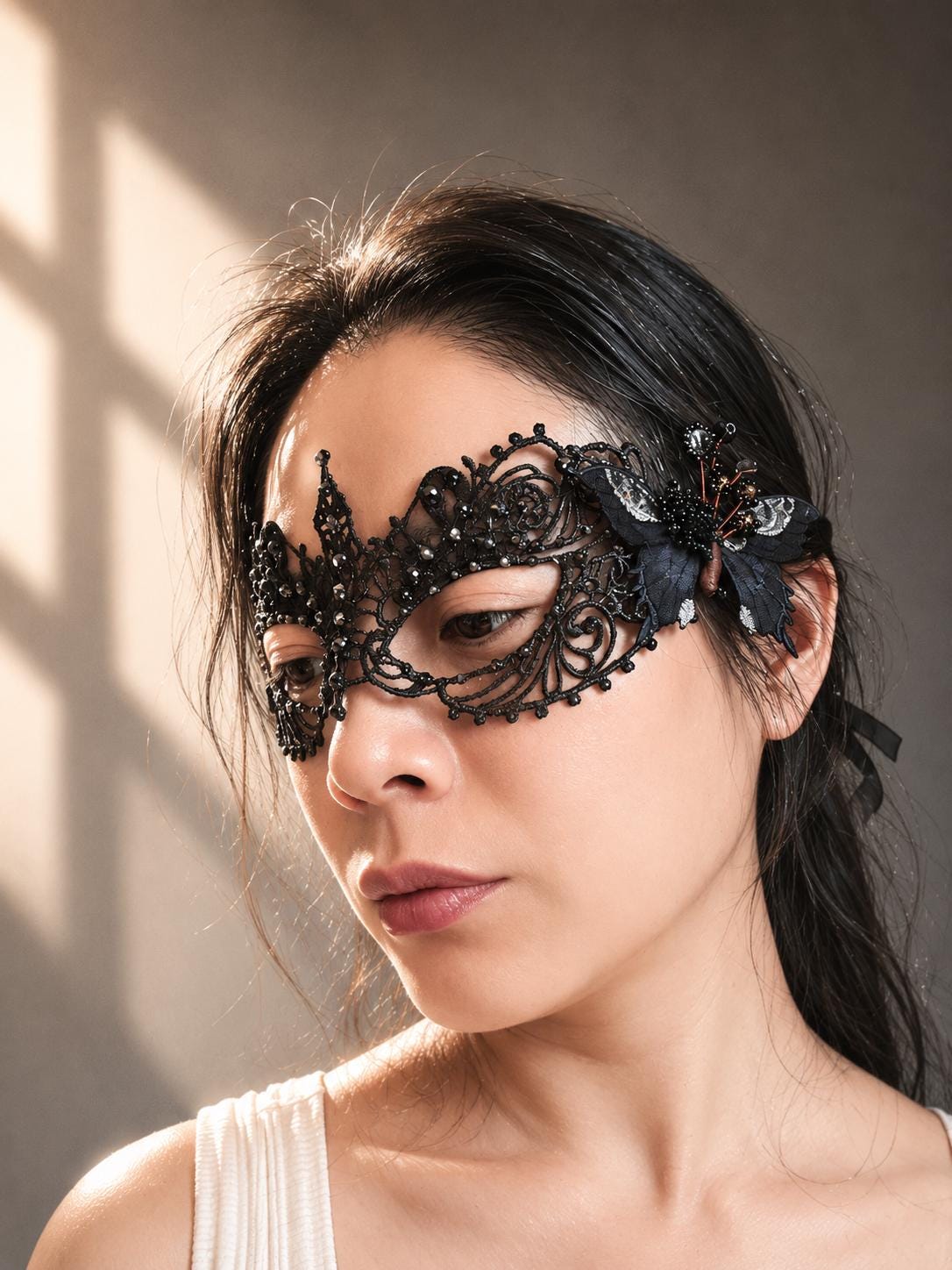 One of a Kind Black Color Butterfly Mask, Handmade Black Lace Masquerade Mask, Venetian Eye Mask with Crystal Rhinestones