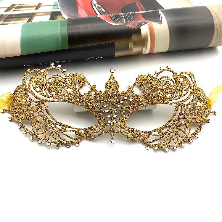 Lace Masquerade Mask: Crystal Rhinestone Embroidery, Ribbon Tie