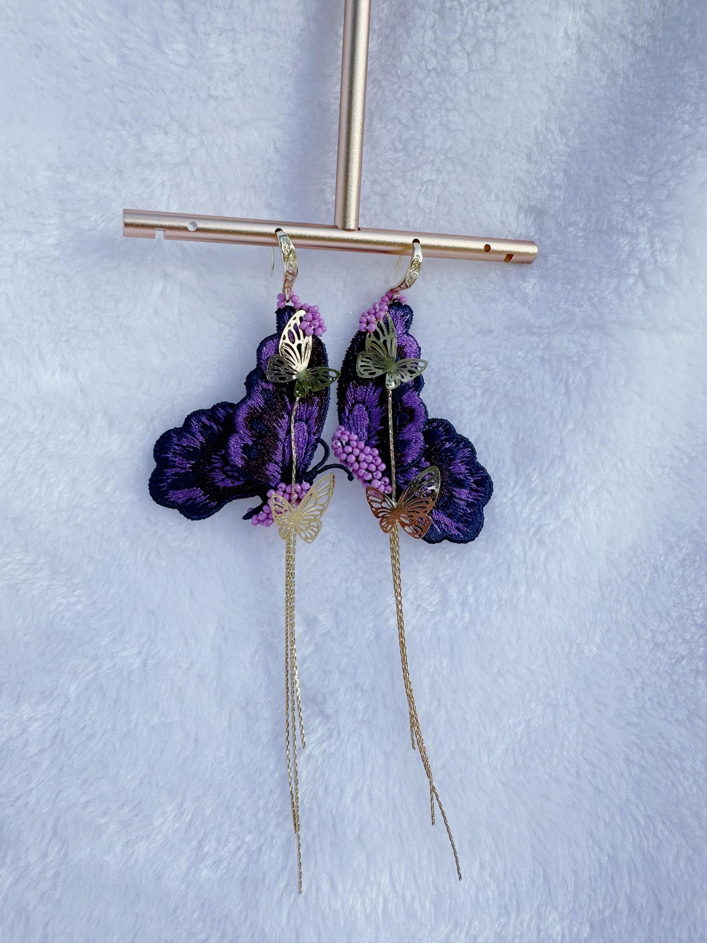Embroidery Butterfly Dangle Earrings: Gold Plated Hooks, Purple