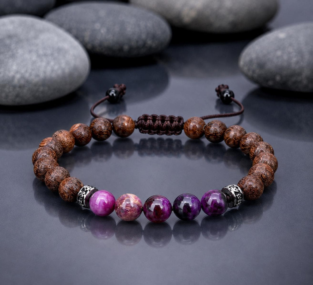 Bracelet for HIM AND HER, Made it with 8mm Sandalwoods and 8mm Purple Tiger’s Eye, Adjustable knotted cord