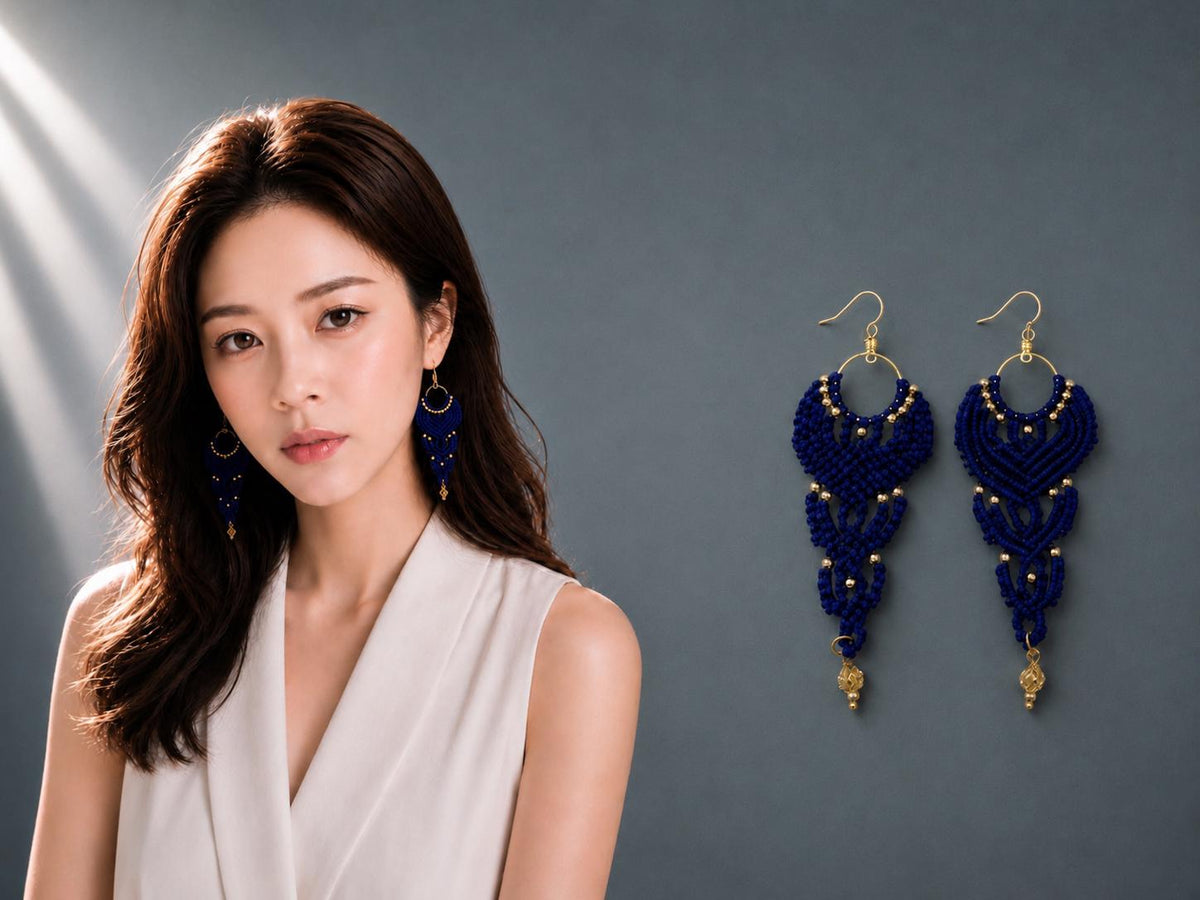 Navy Macrame Dangle Earrings: Bohemian Tribal Jewelry