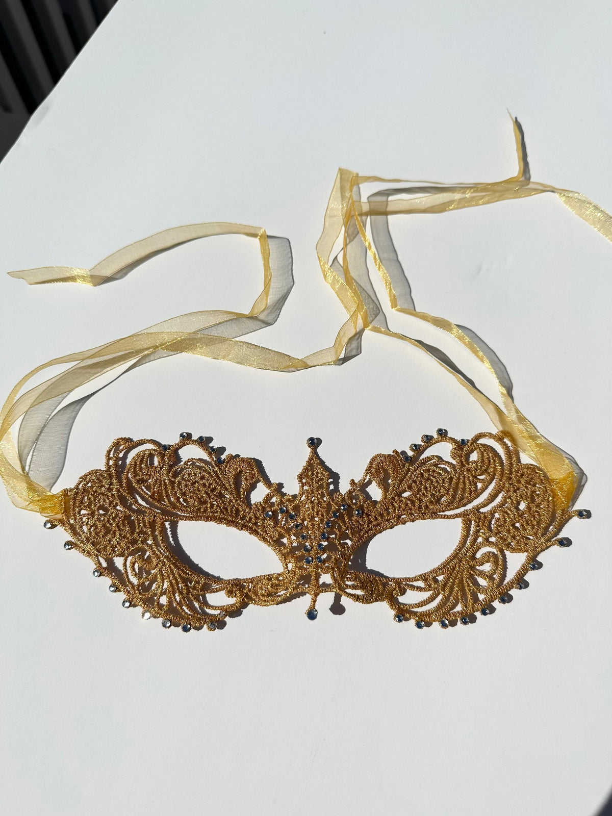 Lace Masquerade Mask: Crystal Rhinestone Embroidery, Ribbon Tie