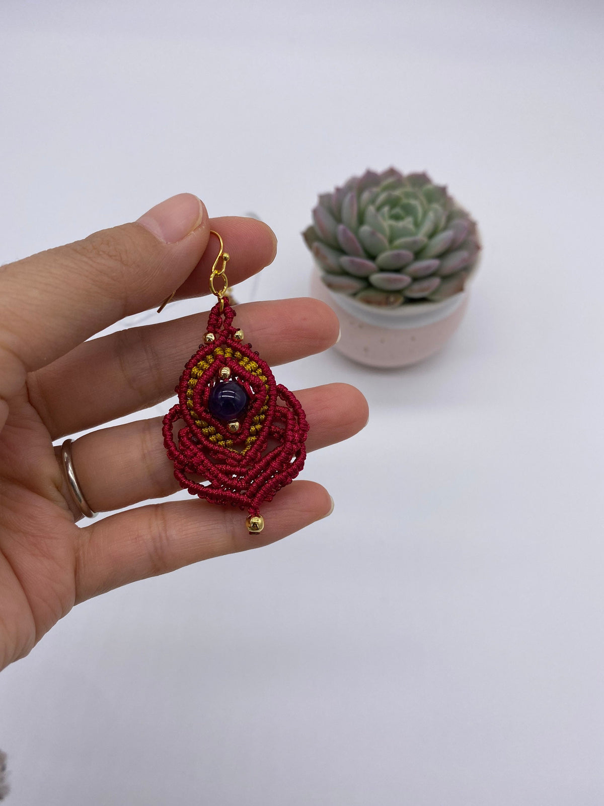 Red Macrame Dangle Earrings: Bohemian Tribal Jewelry